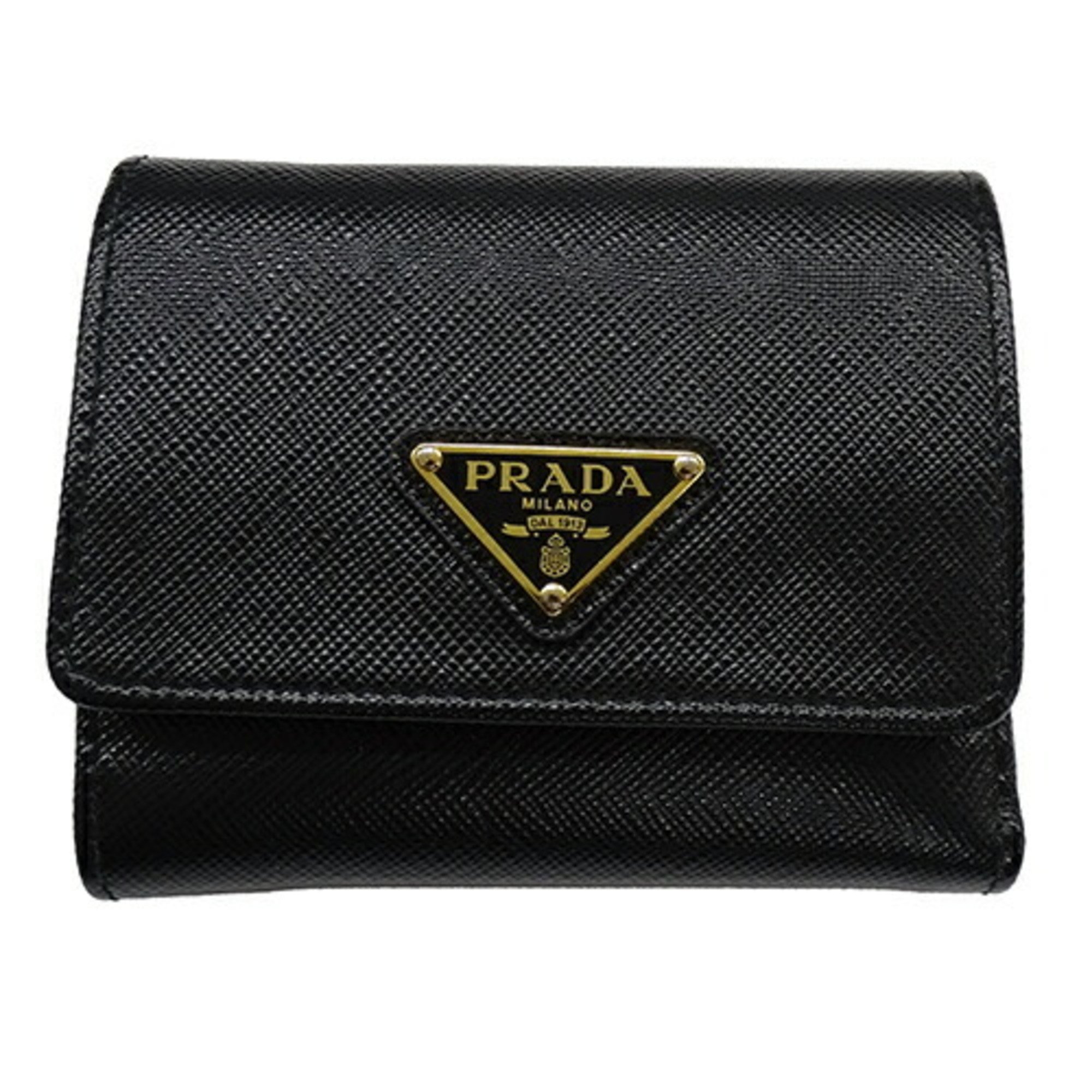 PRADA Women's Tri-fold Wallet Saffiano Triangle Black 1MH043 Compact