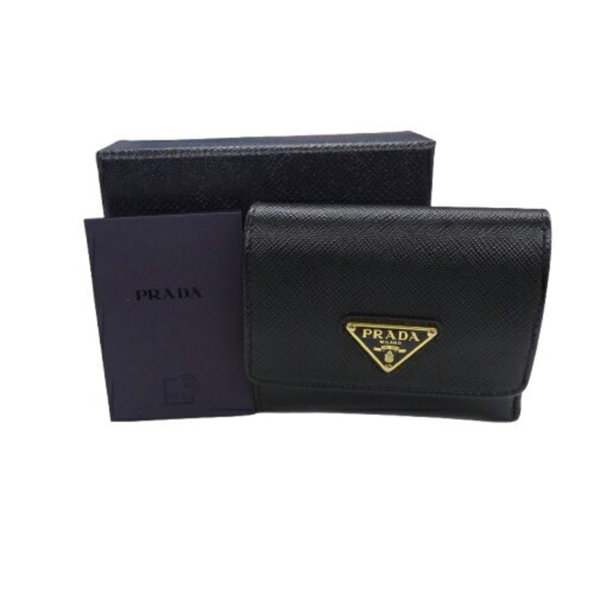 PRADA Women's Tri-fold Wallet Saffiano Triangle Black 1MH043 Compact