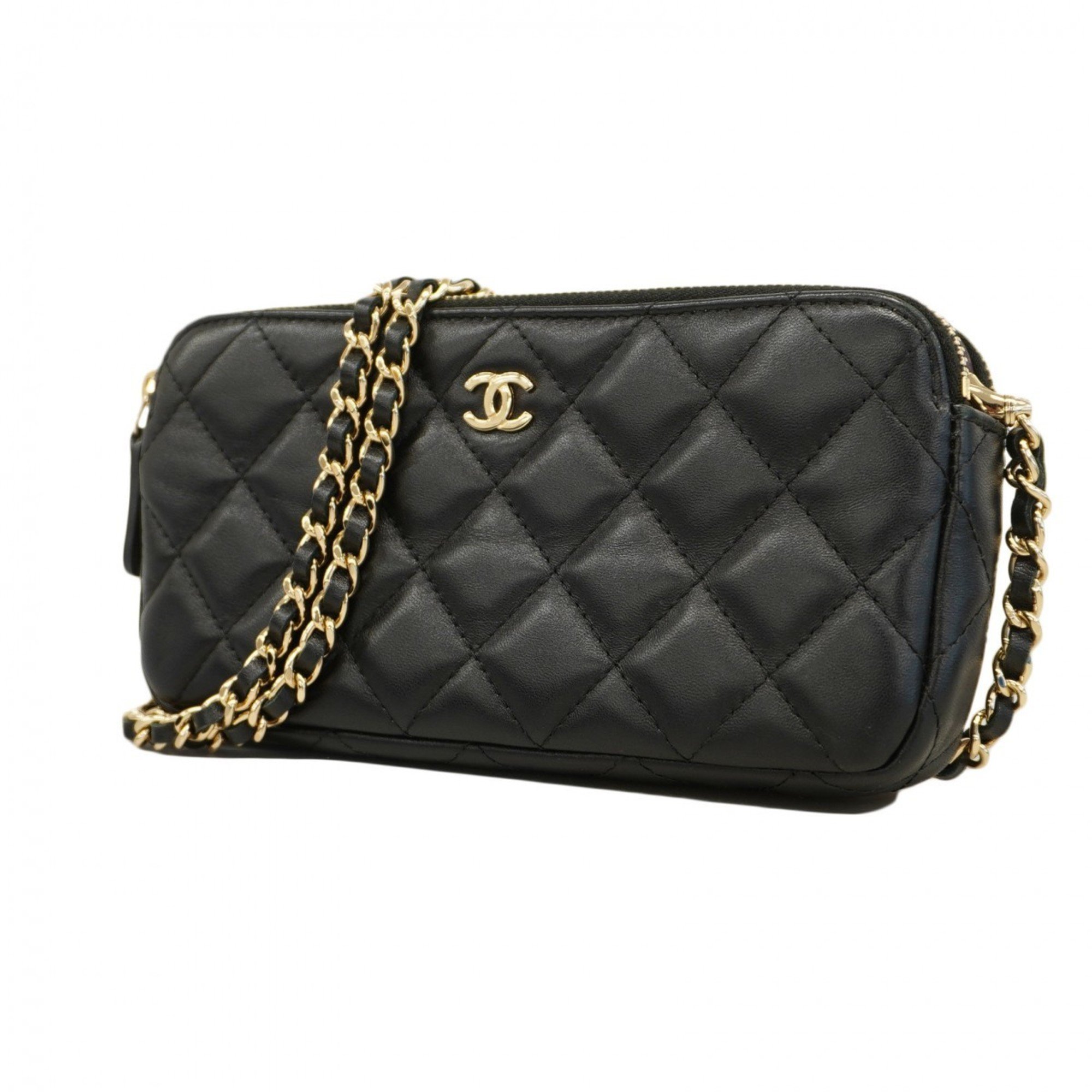 Chanel Shoulder Wallet Matelasse Lambskin Black Champagne Ladies