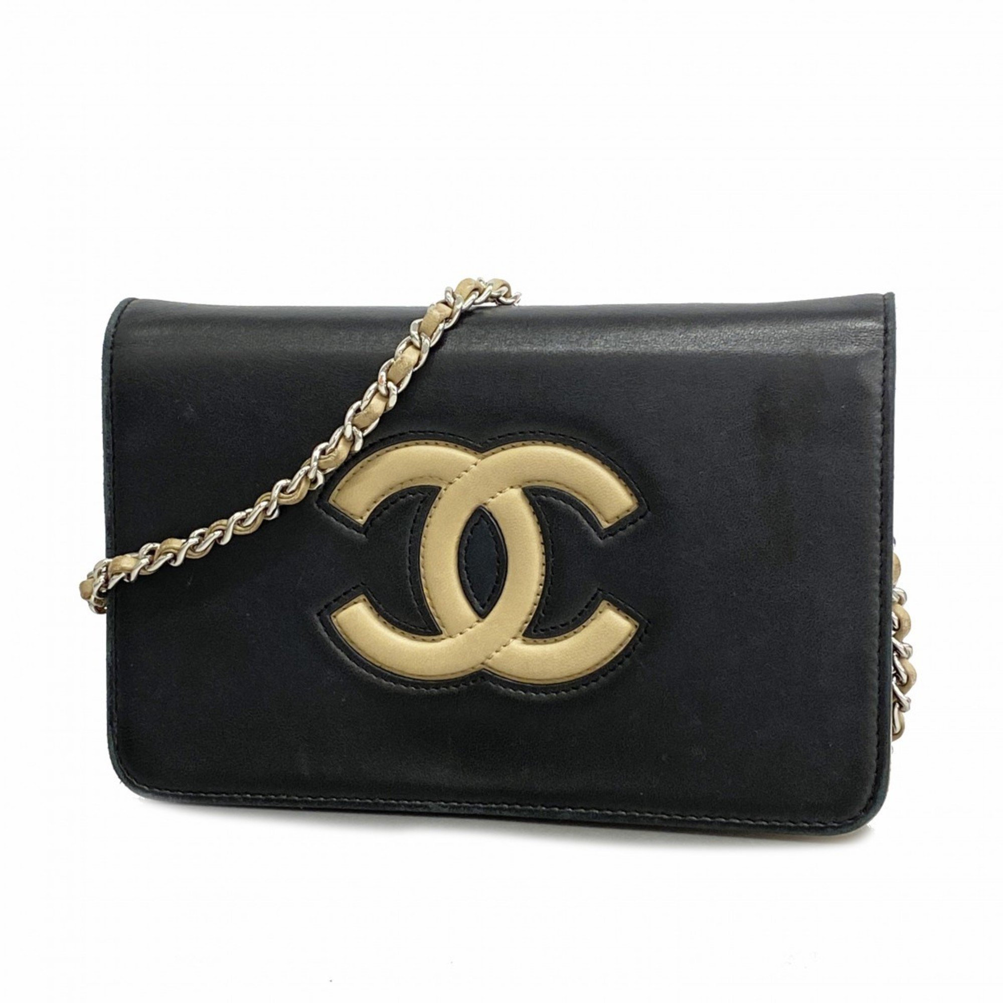 Chanel Shoulder Wallet Lambskin Black Beige Women's