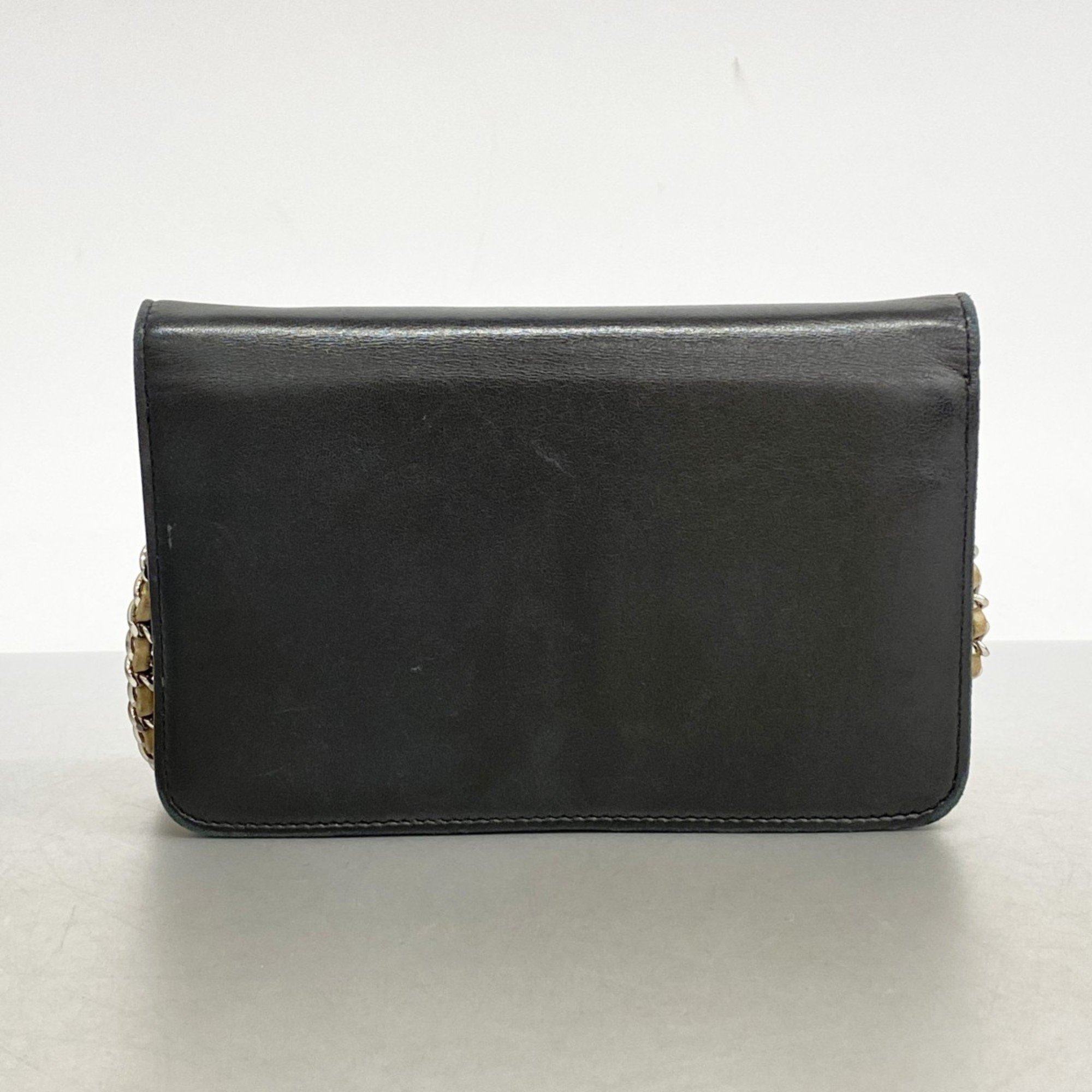 Chanel Shoulder Wallet Lambskin Black Beige Women's