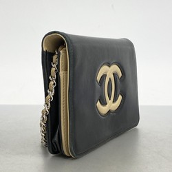 Chanel Shoulder Wallet Lambskin Black Beige Women's