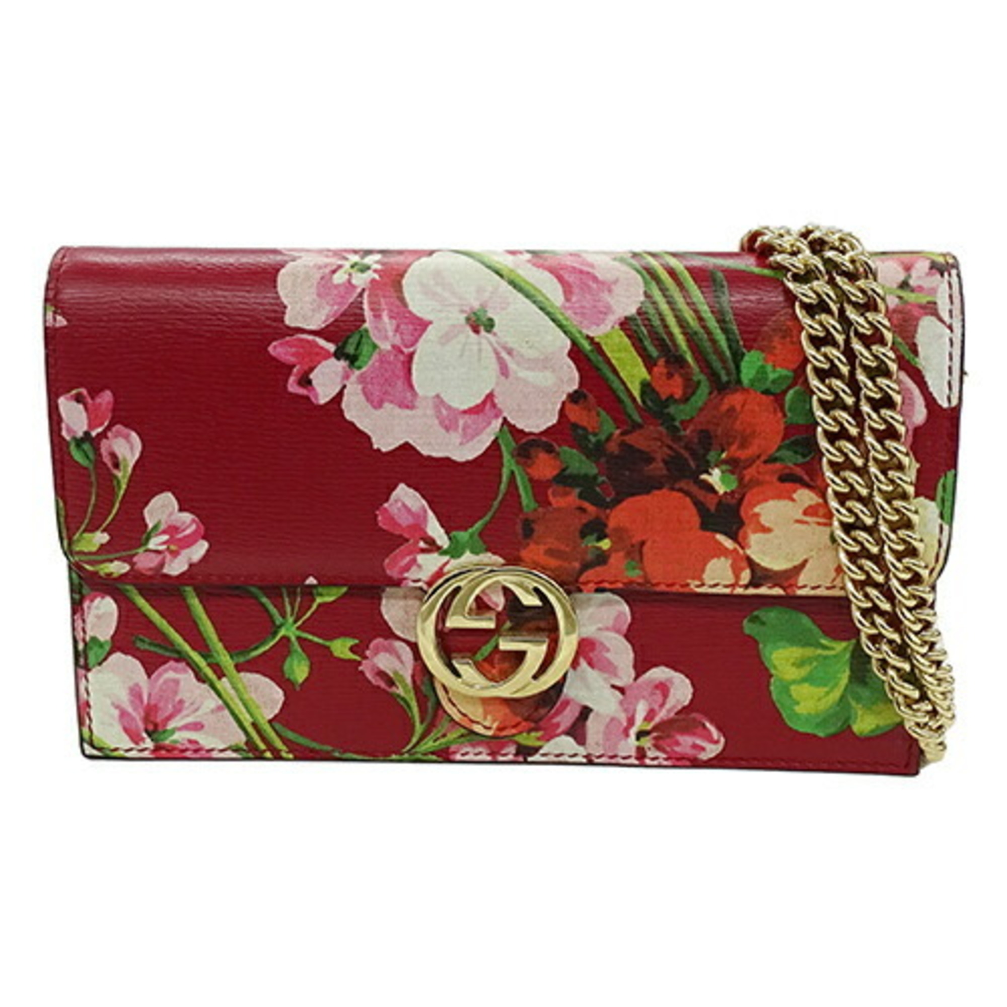 GUCCI Women's Wallet Shoulder Chain Leather Flower Print Red 409340