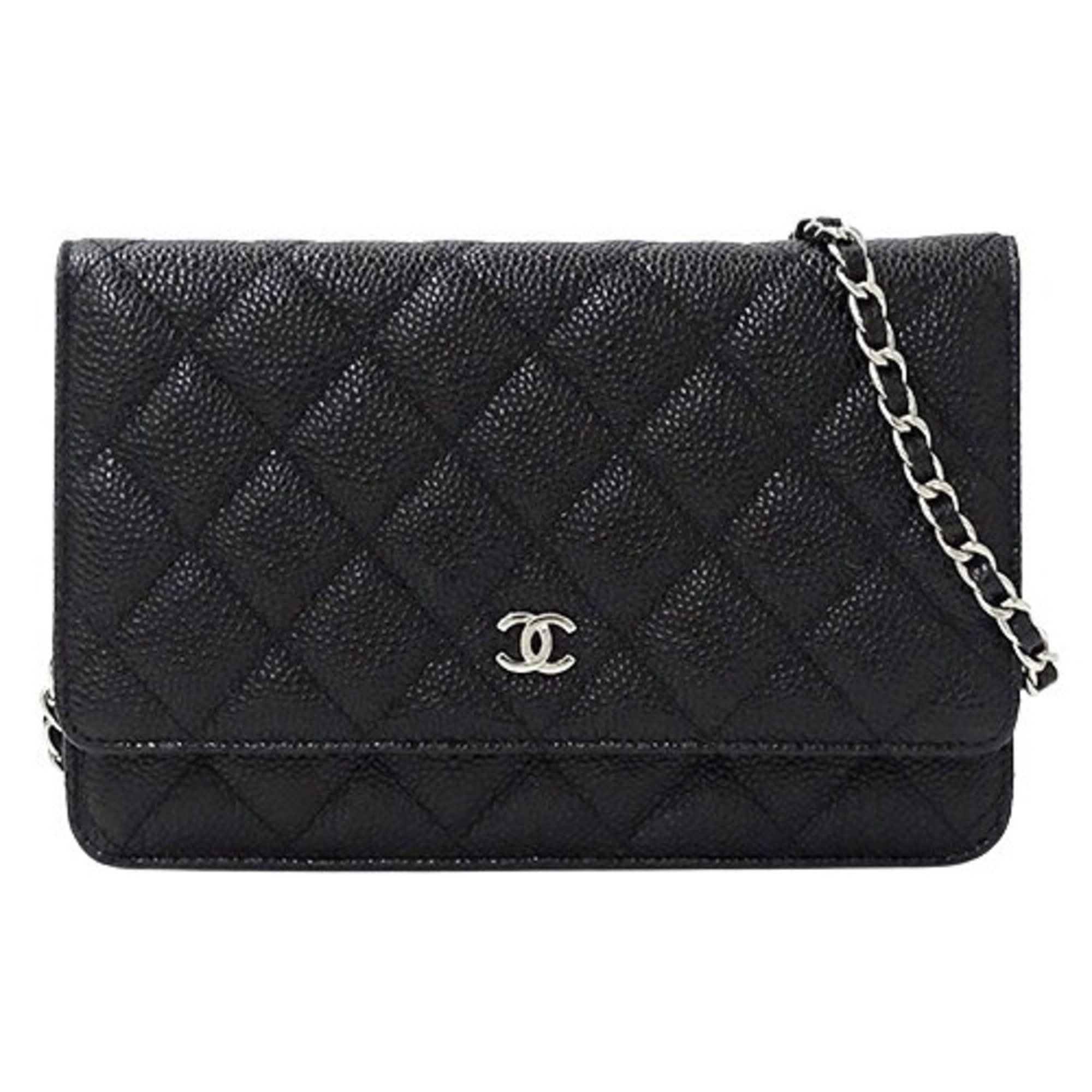 CHANEL Wallet Matelasse Women's Shoulder Caviar Skin Black Chain