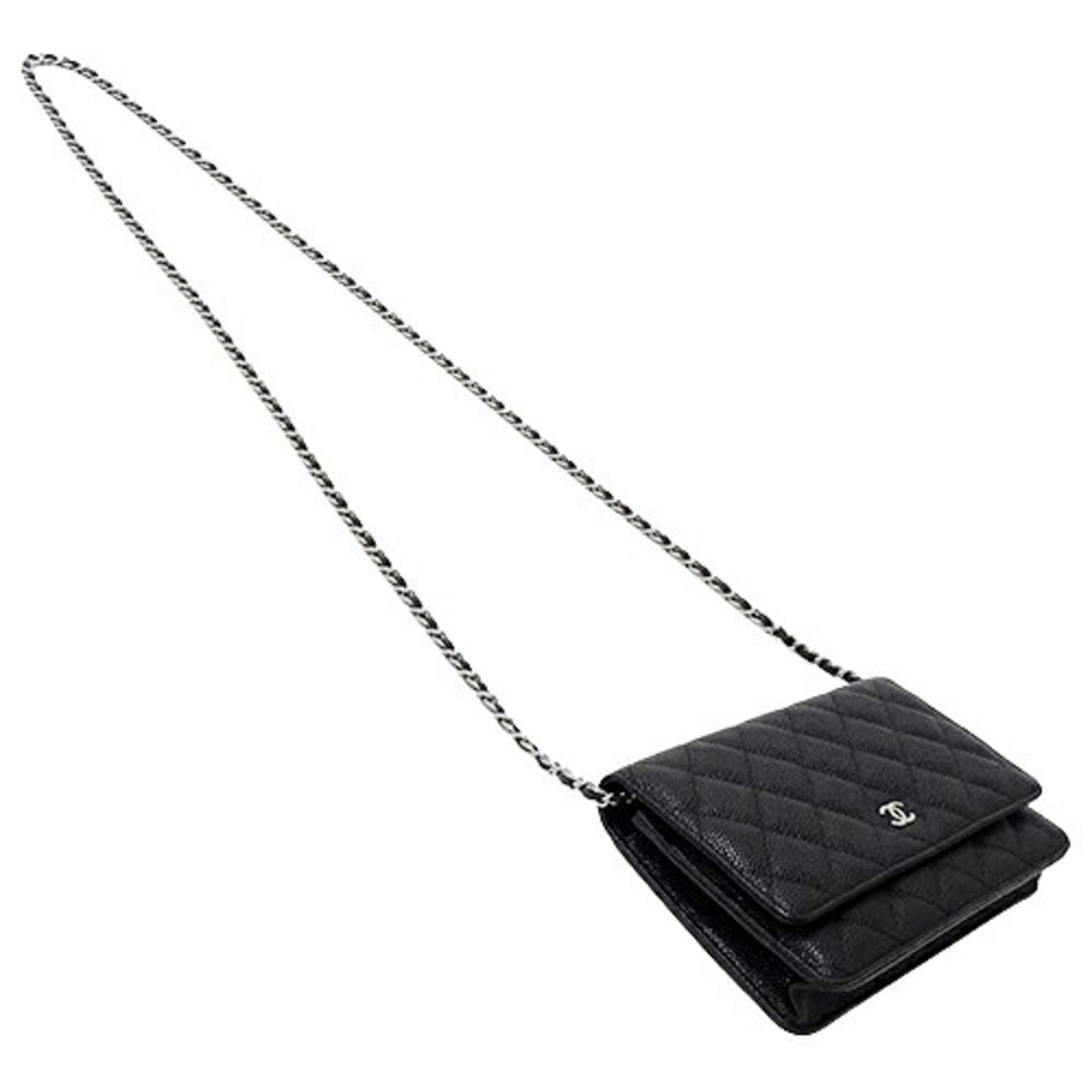 CHANEL Wallet Matelasse Women's Shoulder Caviar Skin Black Chain