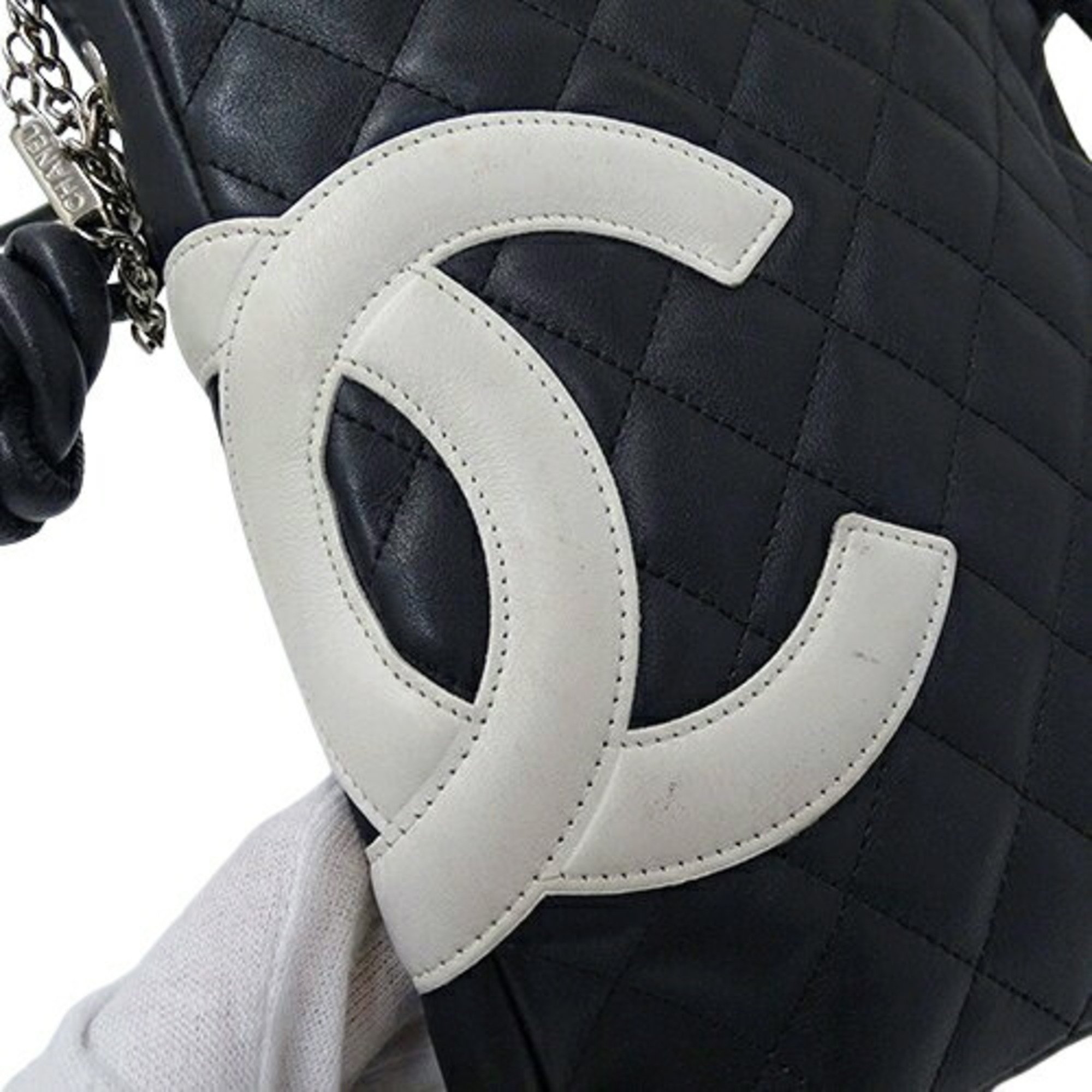 Chanel CHANEL Bag Cambon Women's Shoulder Leather Black White