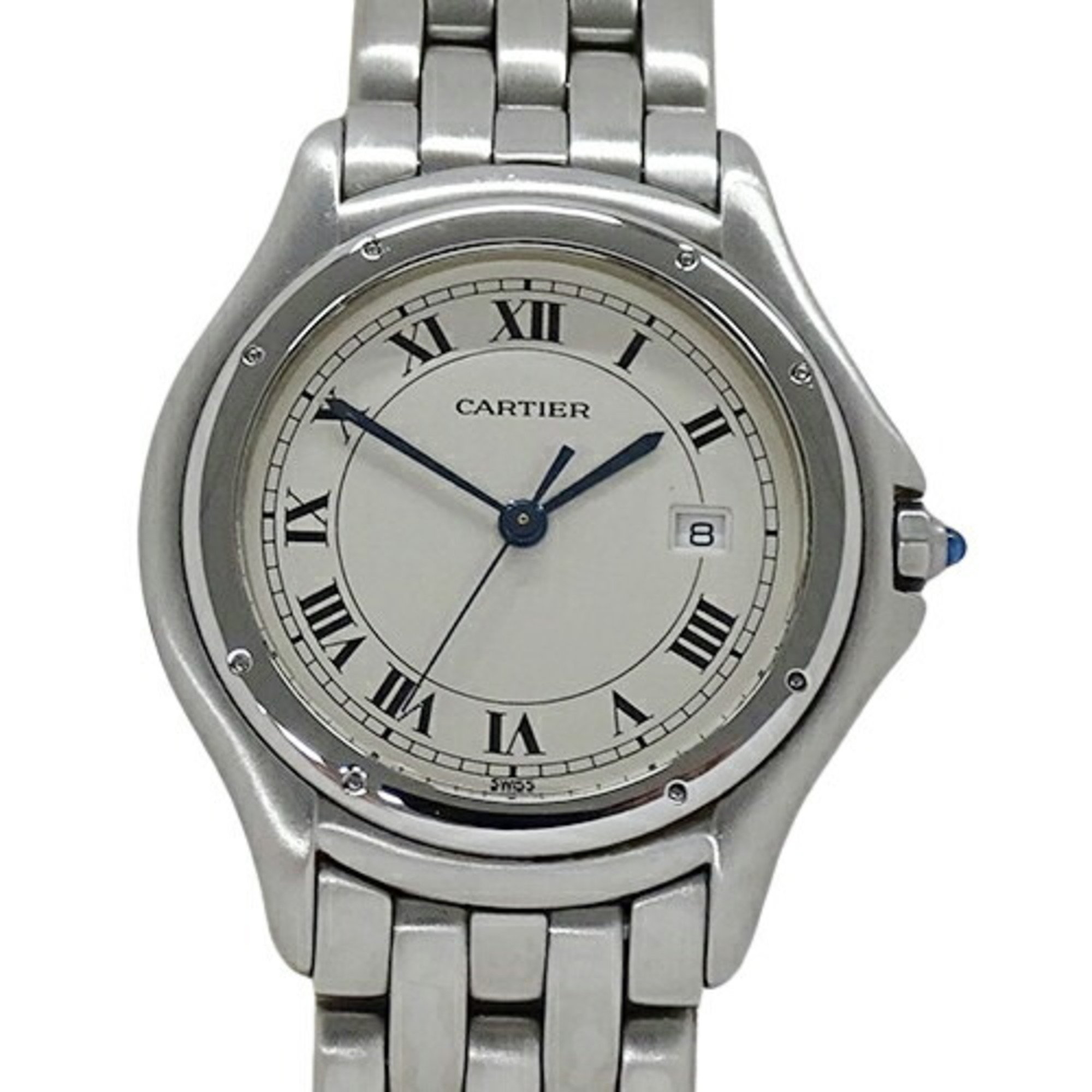 Cartier Watch Boys Panthere Cougar LM Date Quartz Stainless Steel SS W35002F5 Silver Ivory Polished