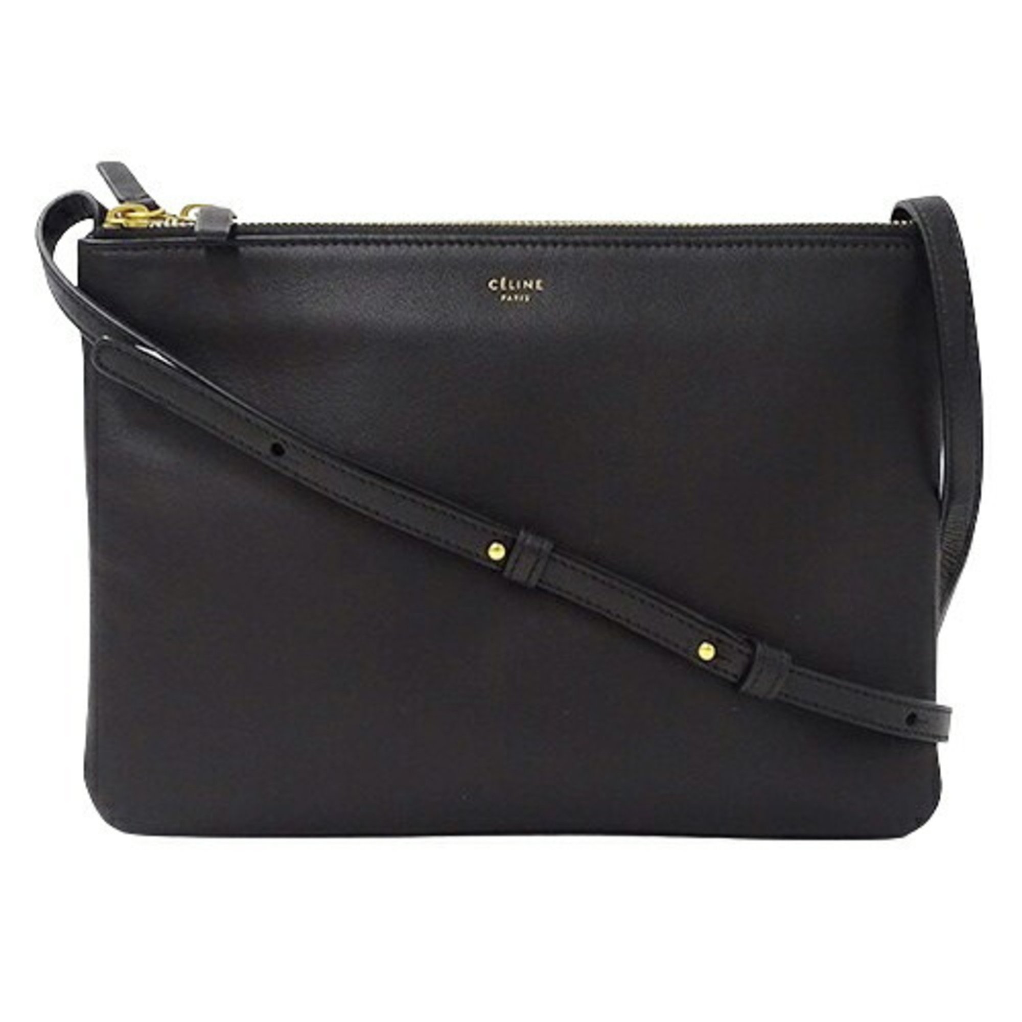 CELINE Women's Shoulder Bag Leather Trio Large Black Pouch