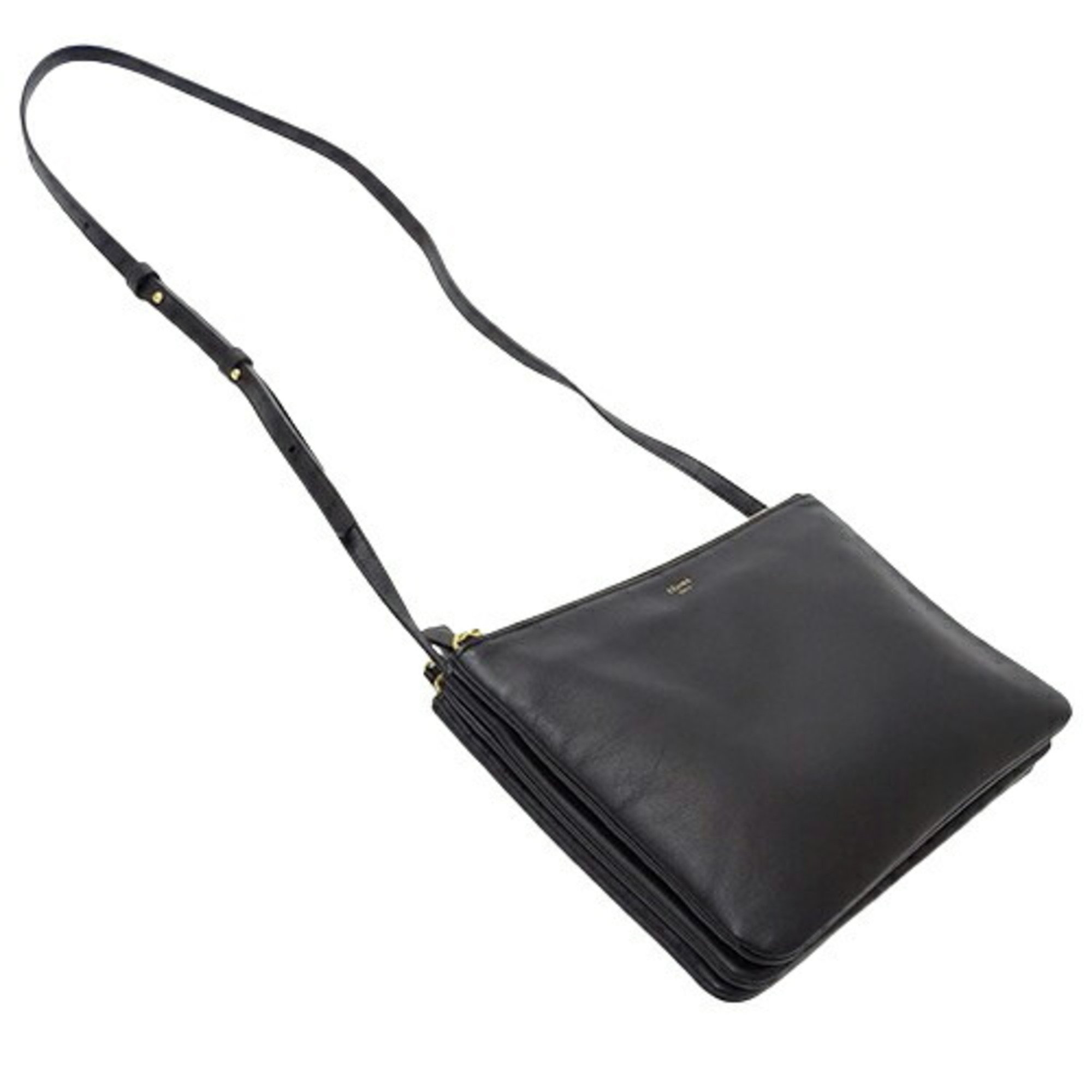 CELINE Women's Shoulder Bag Leather Trio Large Black Pouch