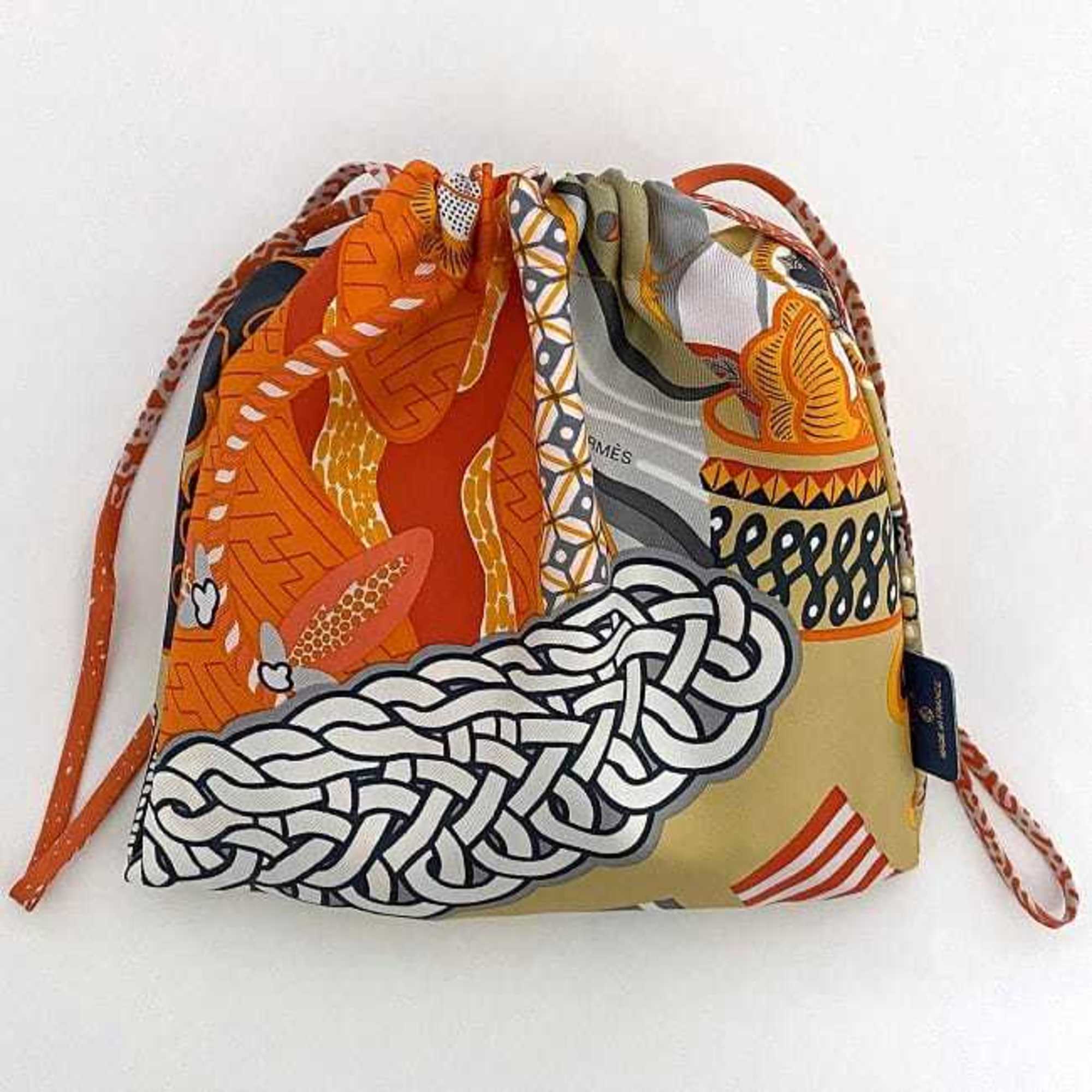 Hermes Petit H Eco Bag f-21357 Orange Duo Cosmic Folding Silk HERMES DUO COSMIQUE Bandana Pattern Pouch Compact Carrying Women Men