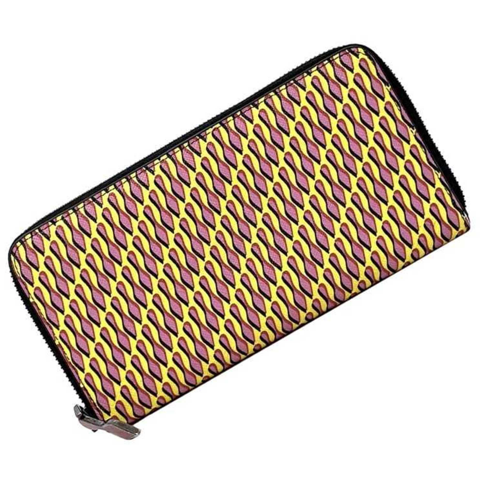 Christian Louboutin Round Long Wallet ec-21096 Yellow Pink Black PVC Leather Women's Pattern