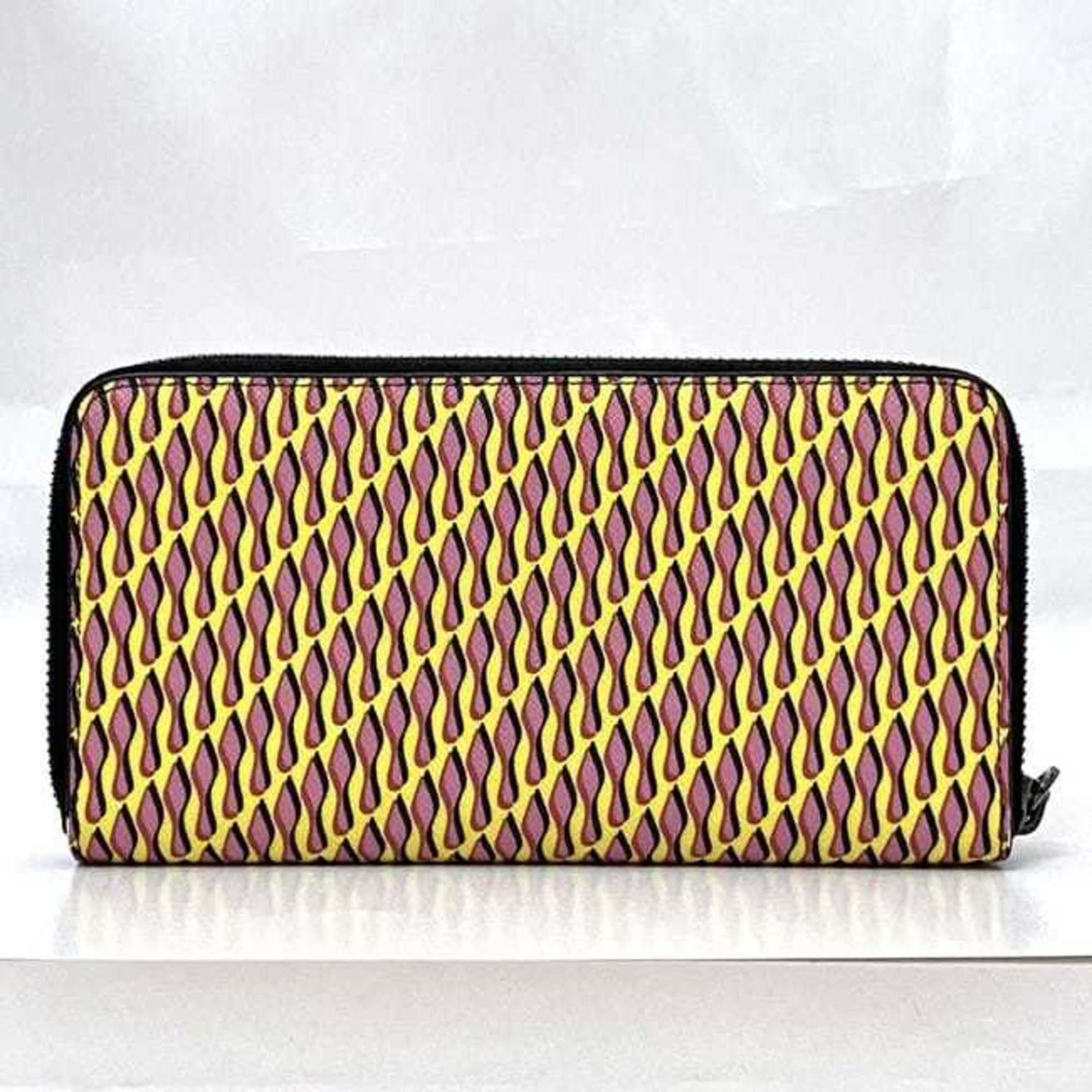 Christian Louboutin Round Long Wallet ec-21096 Yellow Pink Black PVC Leather Women's Pattern