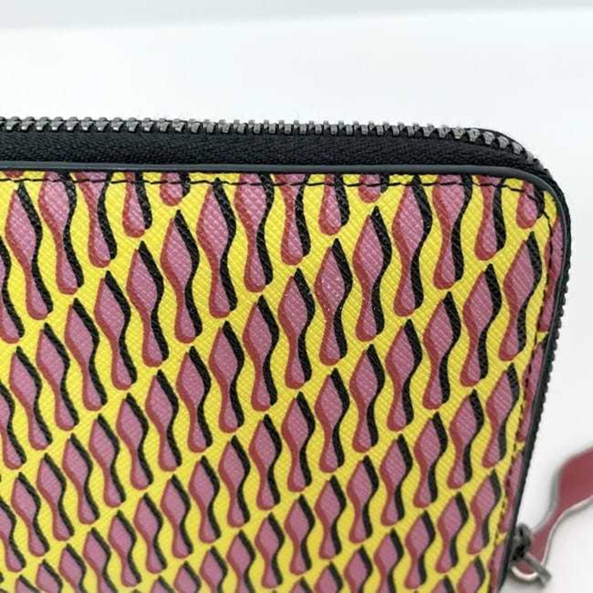 Christian Louboutin Round Long Wallet ec-21096 Yellow Pink Black PVC Leather Women's Pattern