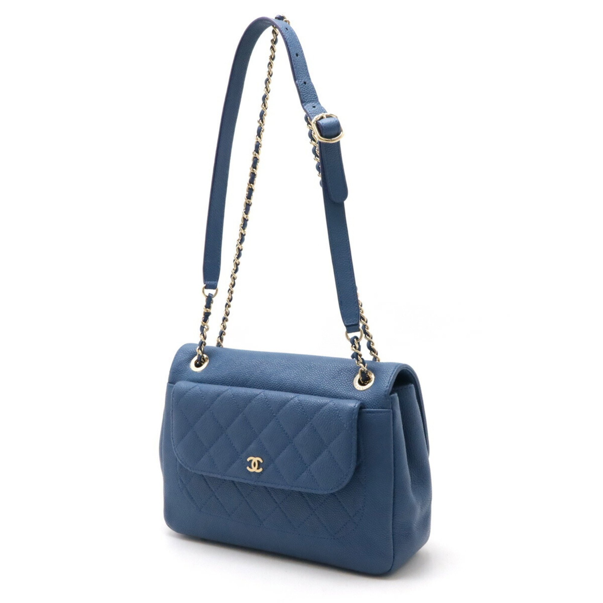 CHANEL Chanel Matelasse Coco Mark Chain Shoulder Bag Caviar Skin Blue A93856