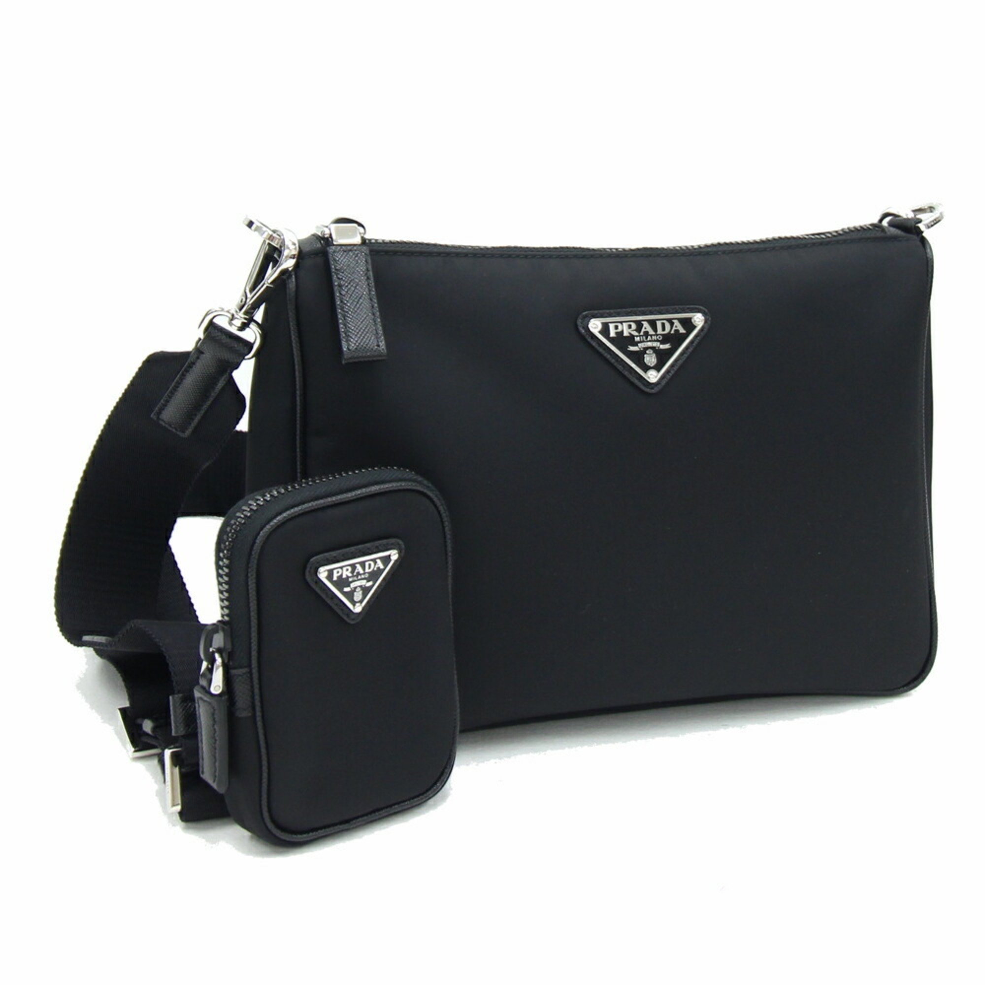 Prada Shoulder Bag 2VH113 Black Nylon Leather Accessory Pouch Triangle Men's Women's PRADA