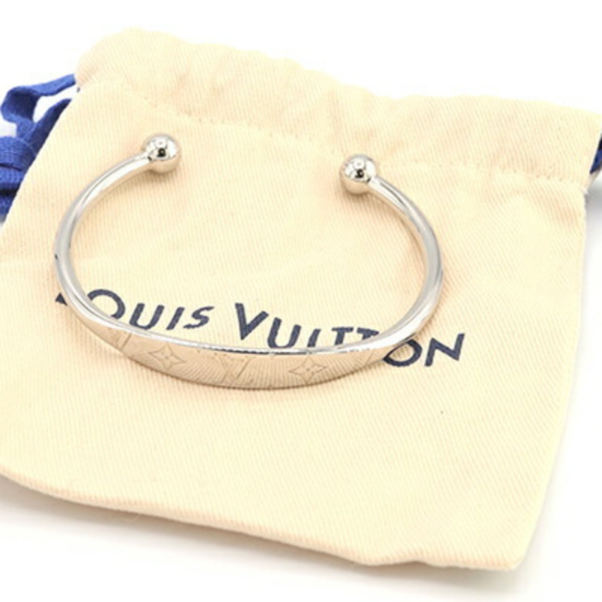 Louis Vuitton Bangle Jonck Monogram M64840 Silver Metal L Size Bracelet Men's Cuff LOUIS VUITTON