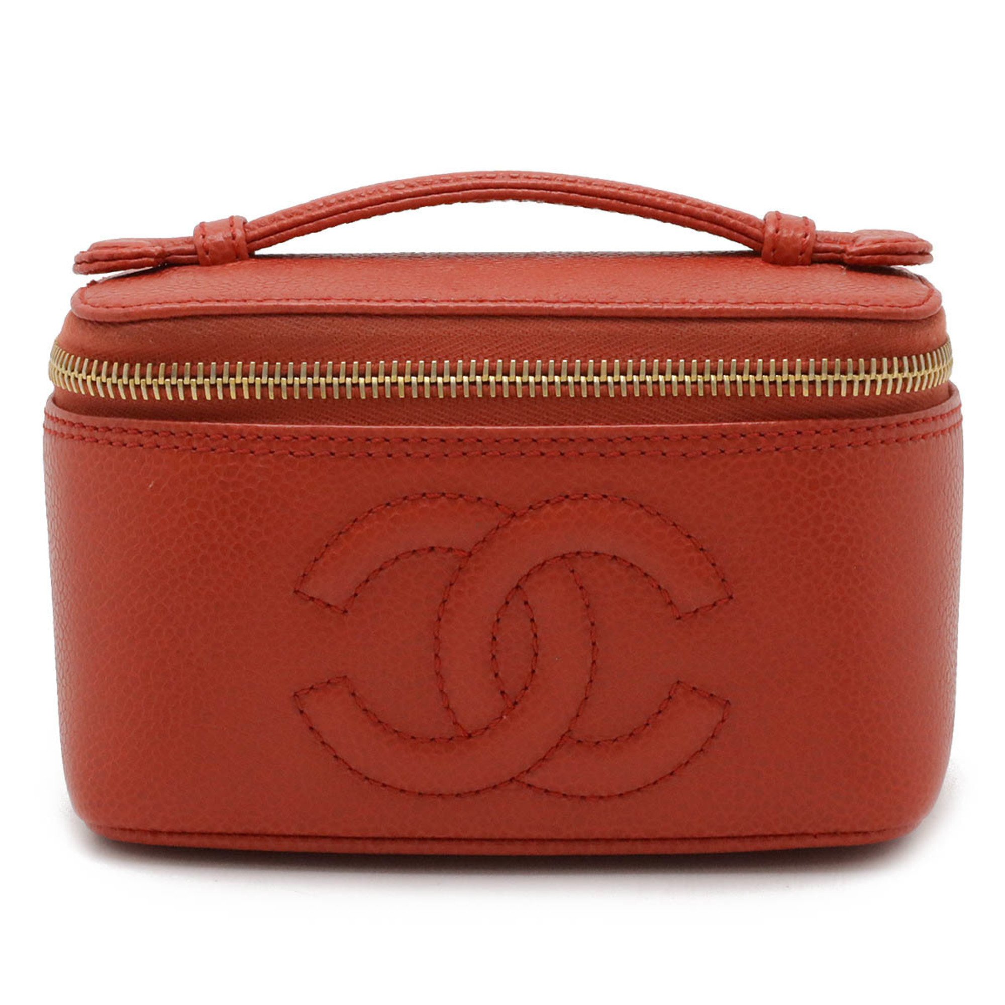 CHANEL Coco Mark Vanity Bag Pouch Caviar Skin Leather Red