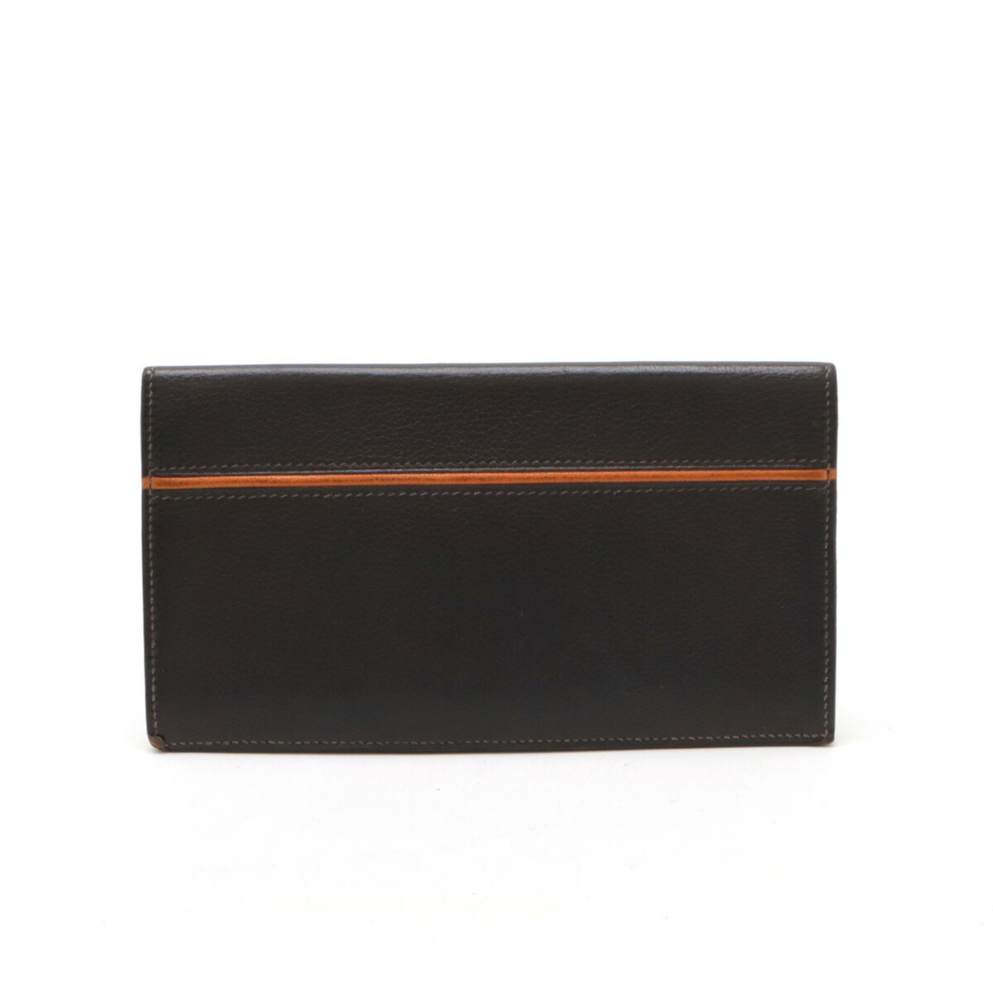 HERMES MC3 Fleming Long Wallet Bi-fold Evergrain Leather Dark Brown Orange □M Engraved