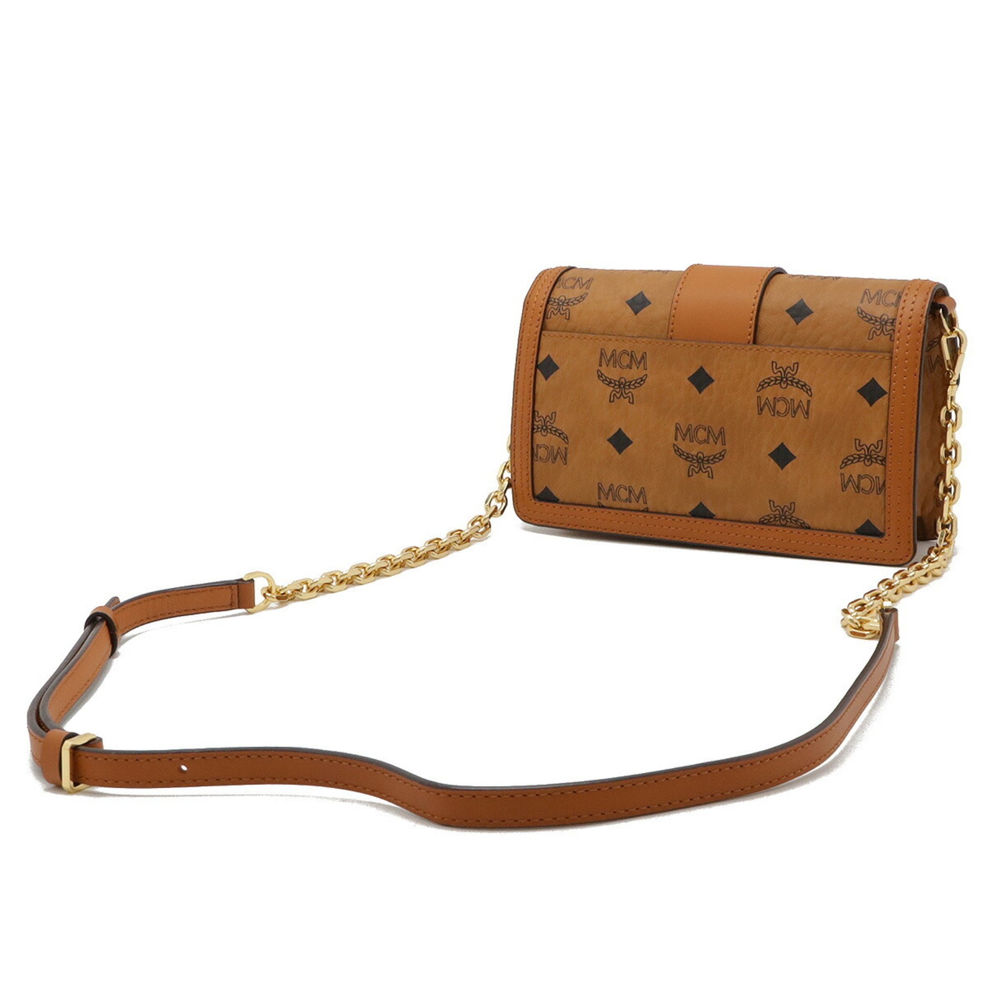 MCM Visetos Tracy Crossbody Bag Chain Wallet Shoulder Pochette PVC Leather Cognac MWRBAWO05CO001