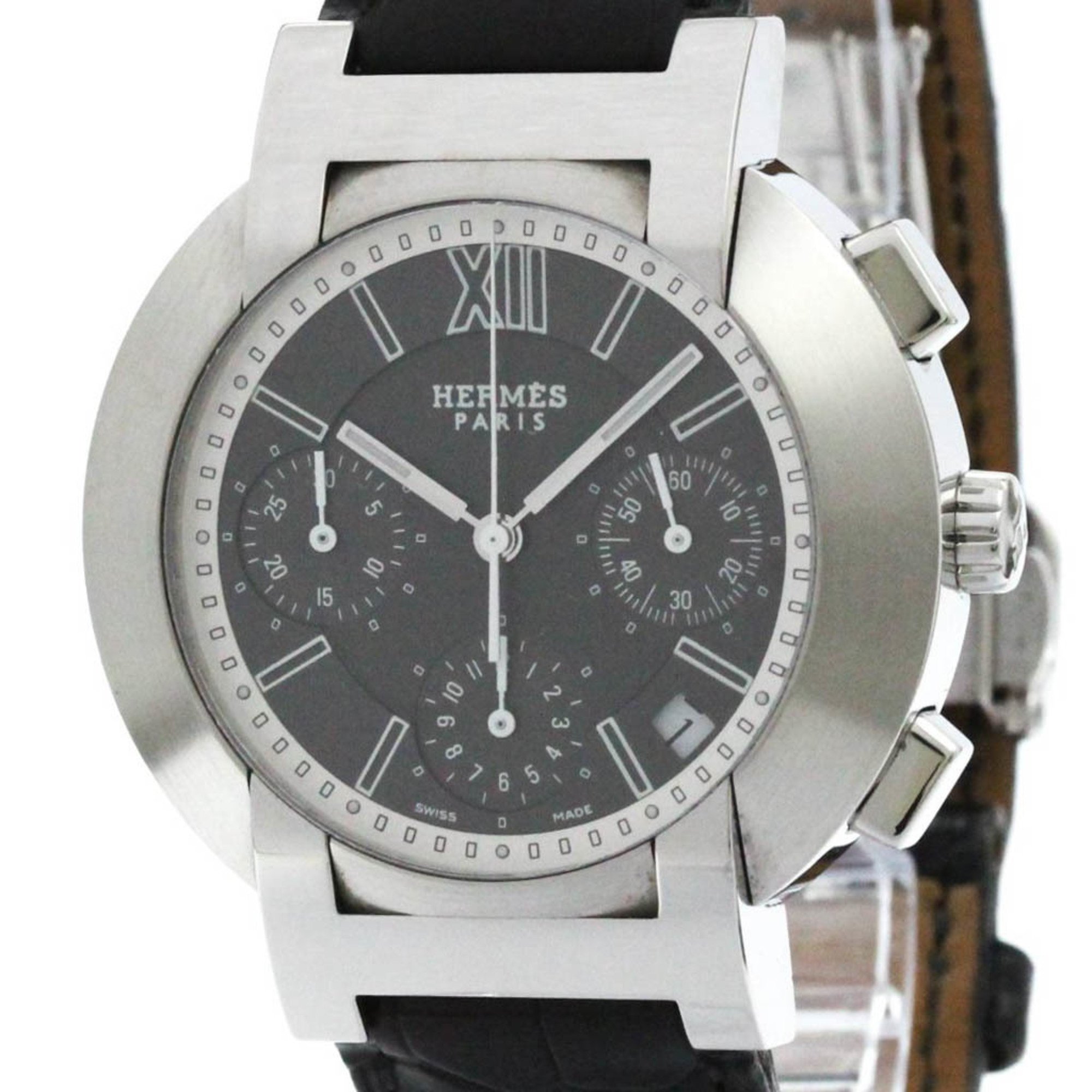 Polished HERMES Nomade Chronograph Steel Auto Quartz Mens Watch NO1.910 BF576572