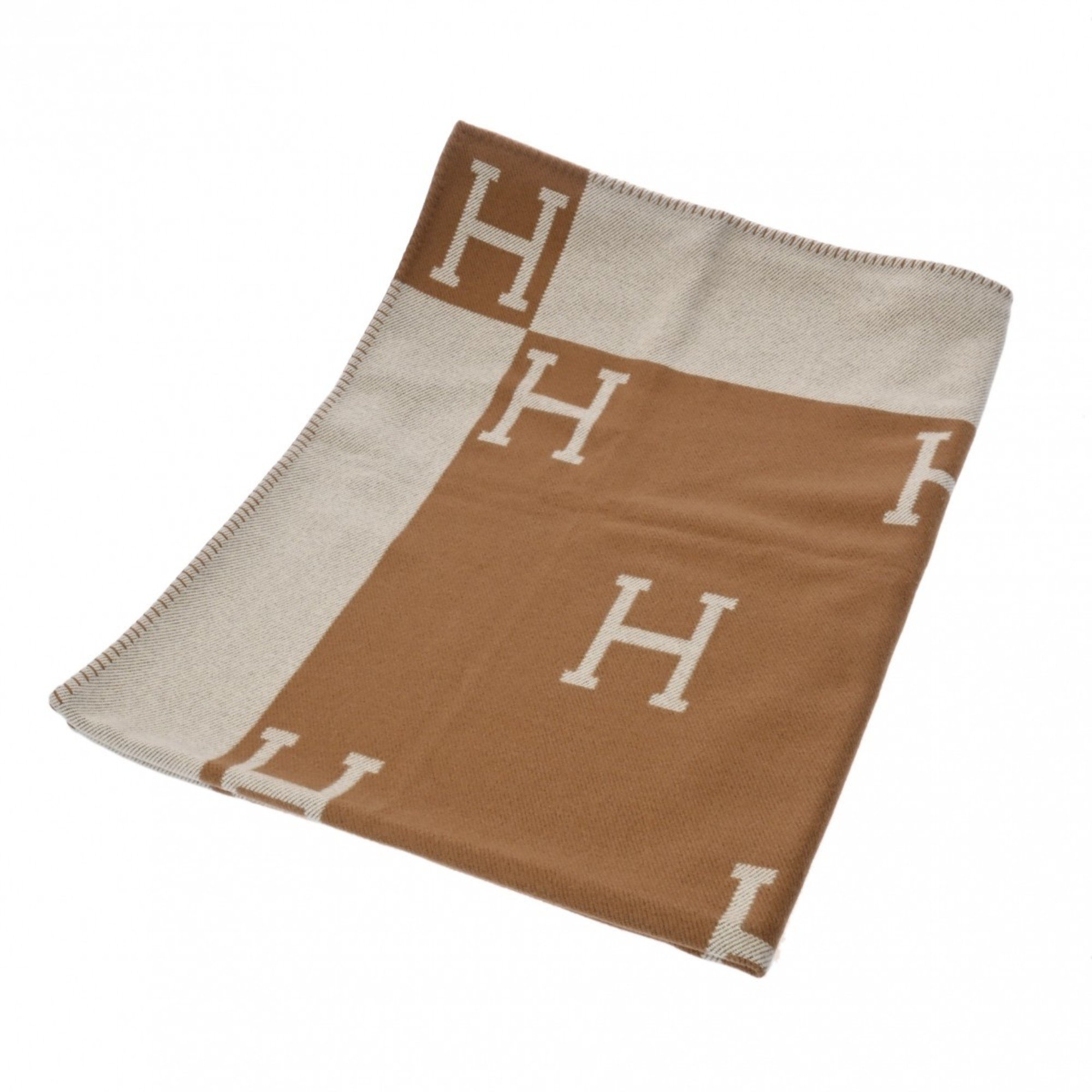 HERMES Blanket Avalon Ecru/Caramel Women's 90% Wool 10% Cashmere Accessory