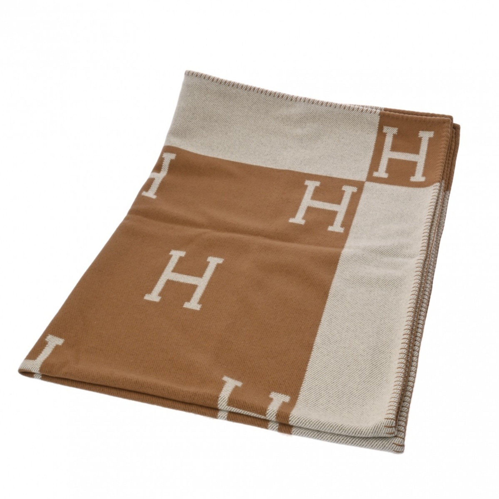 HERMES Blanket Avalon Ecru/Caramel Women's 90% Wool 10% Cashmere Accessory