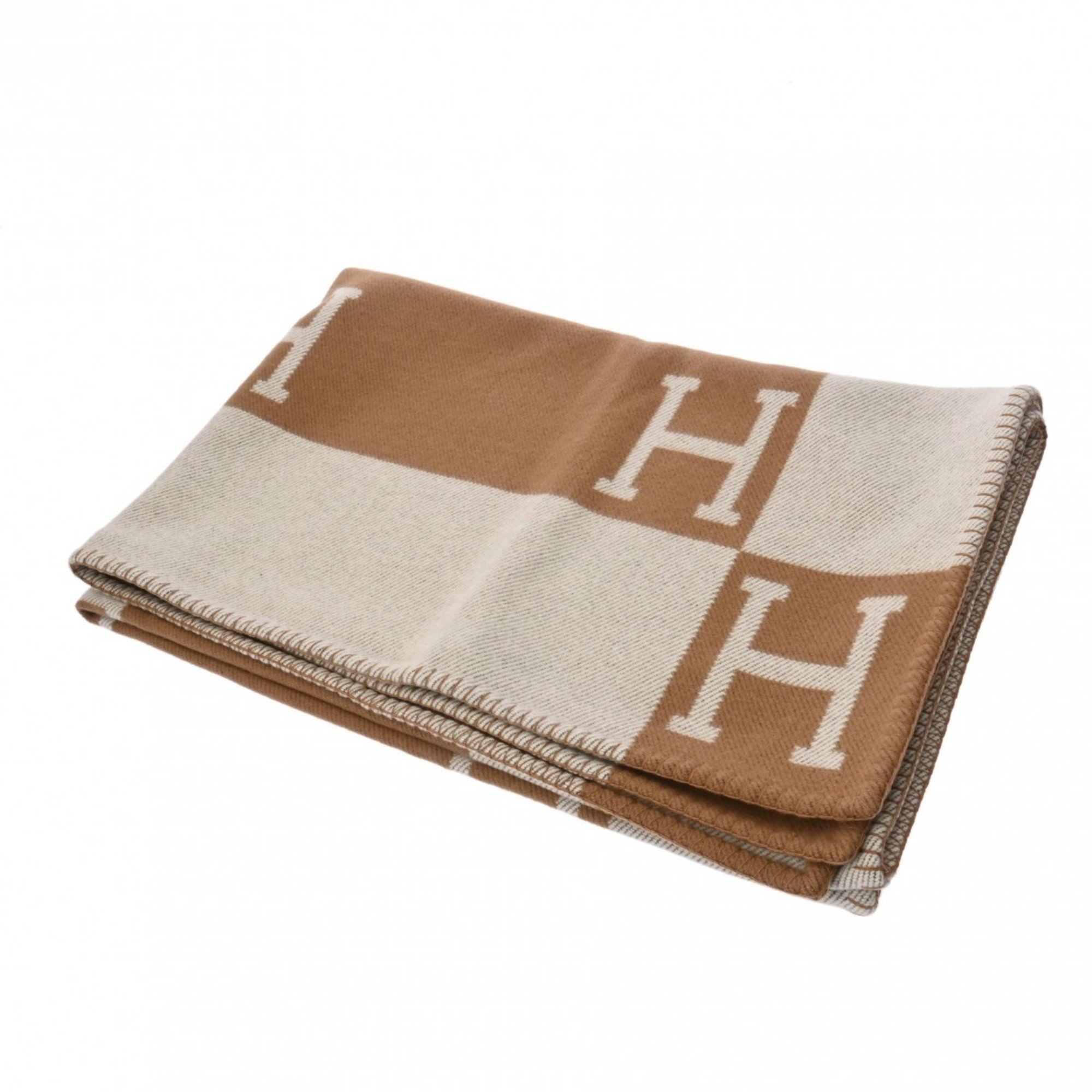 HERMES Blanket Avalon Ecru/Caramel Women's 90% Wool 10% Cashmere Accessory