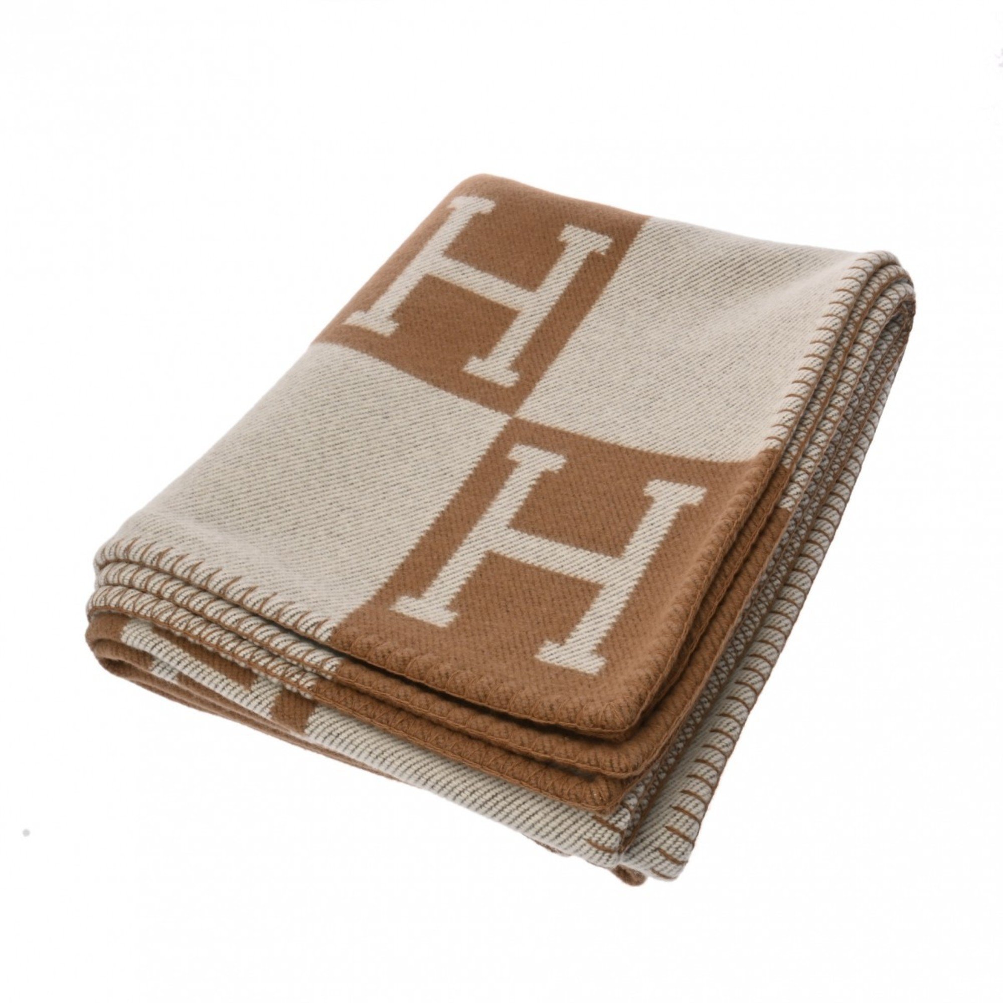 HERMES Blanket Avalon Ecru/Caramel Women's 90% Wool 10% Cashmere Accessory