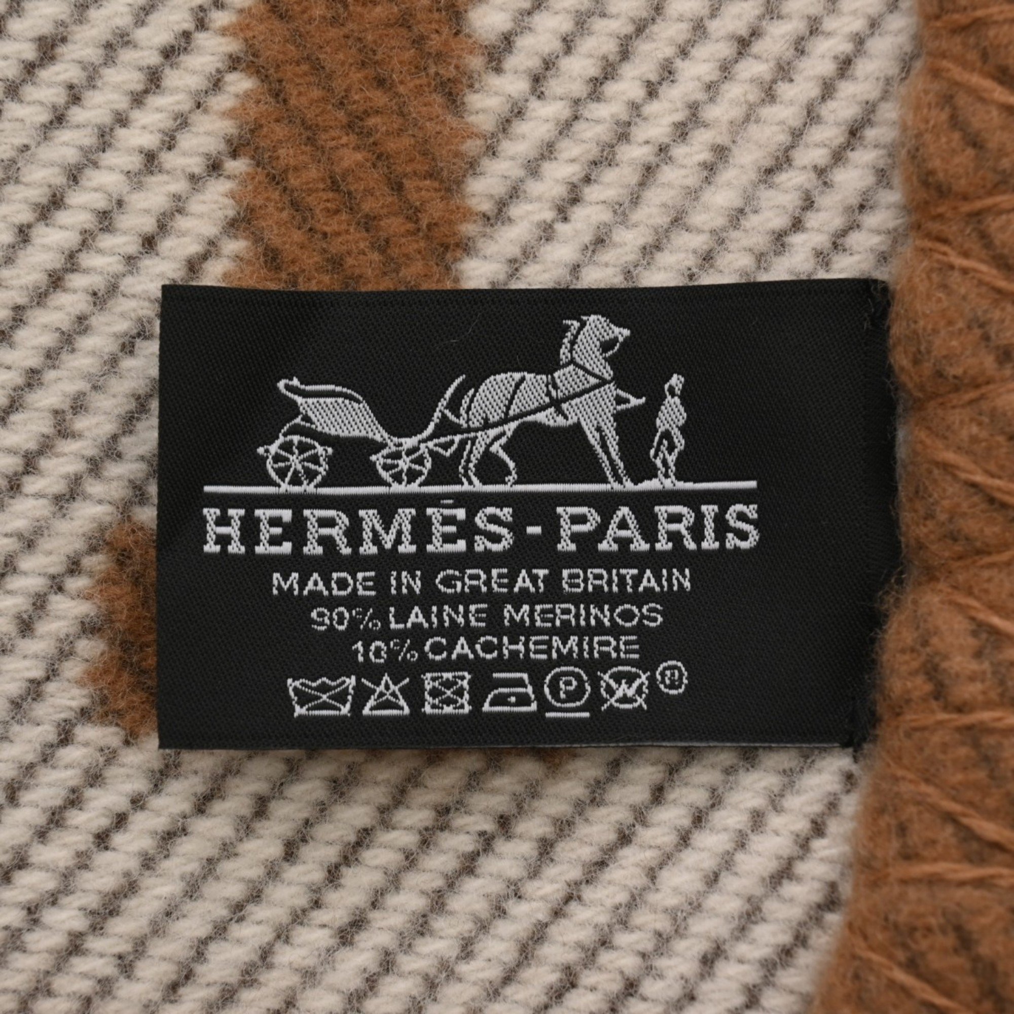 HERMES Blanket Avalon Ecru/Caramel Women's 90% Wool 10% Cashmere Accessory