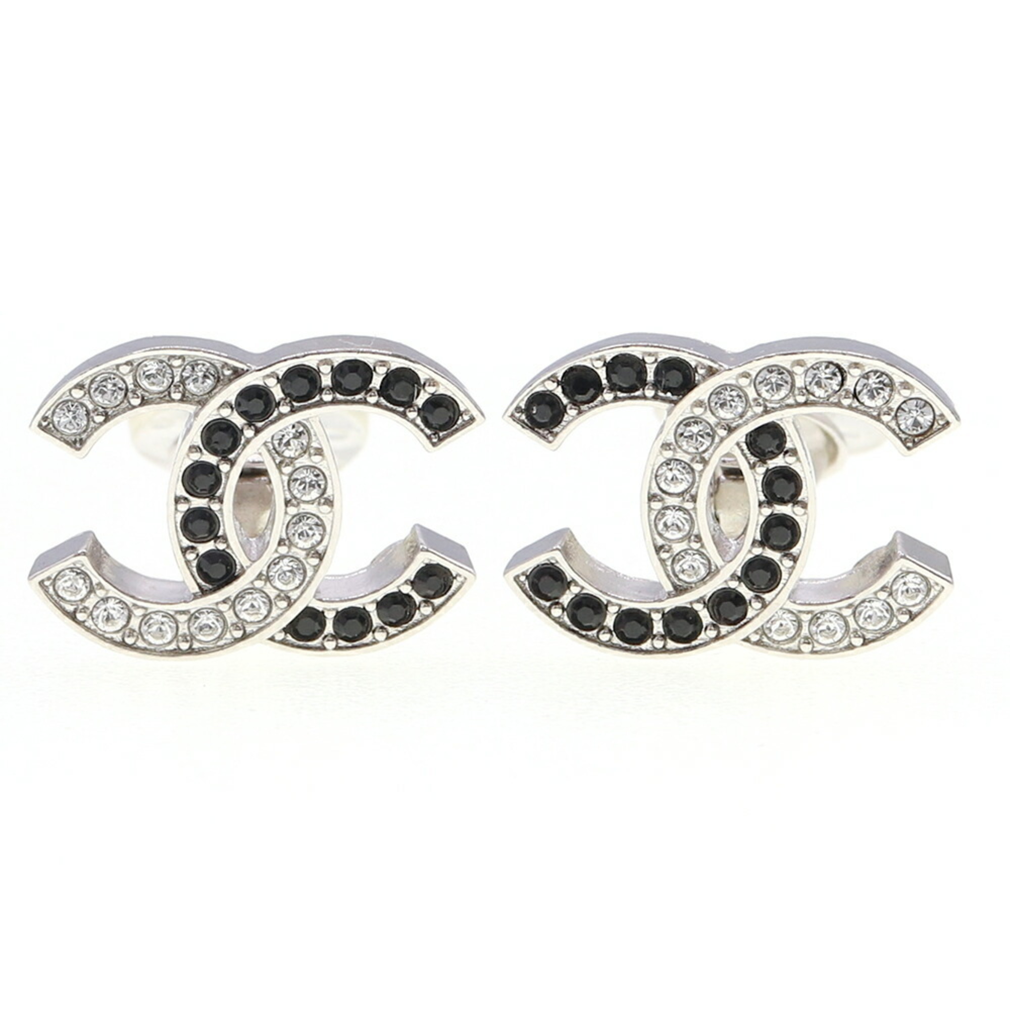 Chanel Earrings Coco Mark Silver Black Metal Rhinestone B22A 2022 Model Year Women's CHANEL