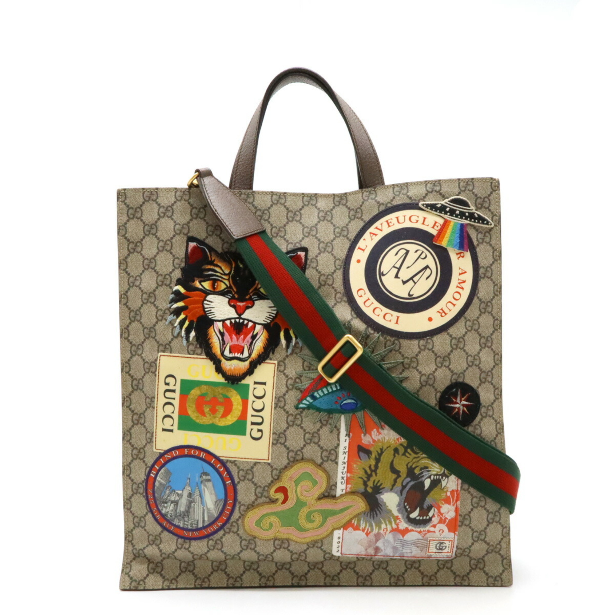 GUCCI Soft GG Supreme Courier Tote Bag Shoulder Leather Applique Beige Brown Multicolor 474084