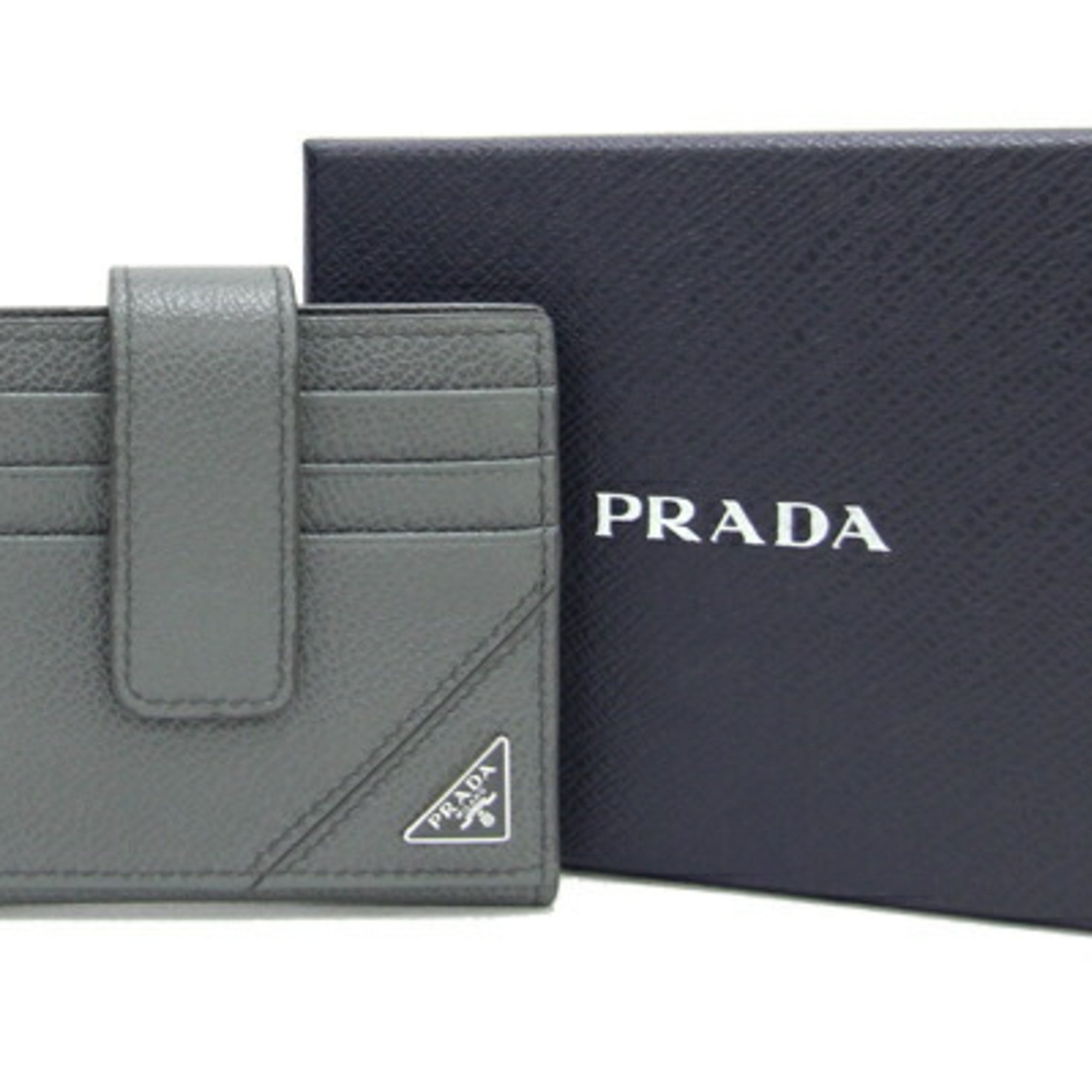 Prada Card Case 2MC049 Grey Leather Bifold Holder Pass Triangle Women Men PRADA