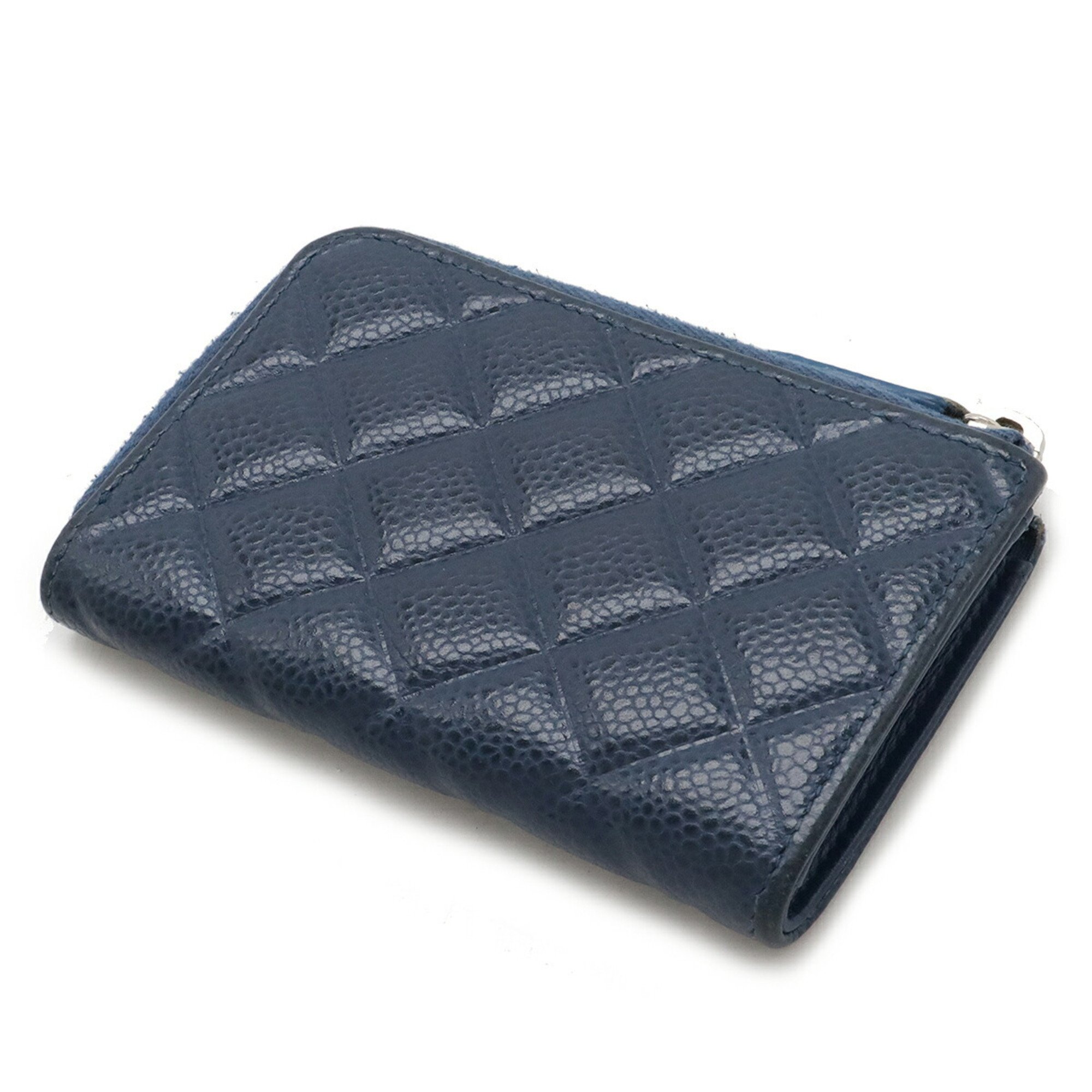 CHANEL Chanel Matelasse Coco Mark Coin Case L-Shaped Caviar Skin Blue