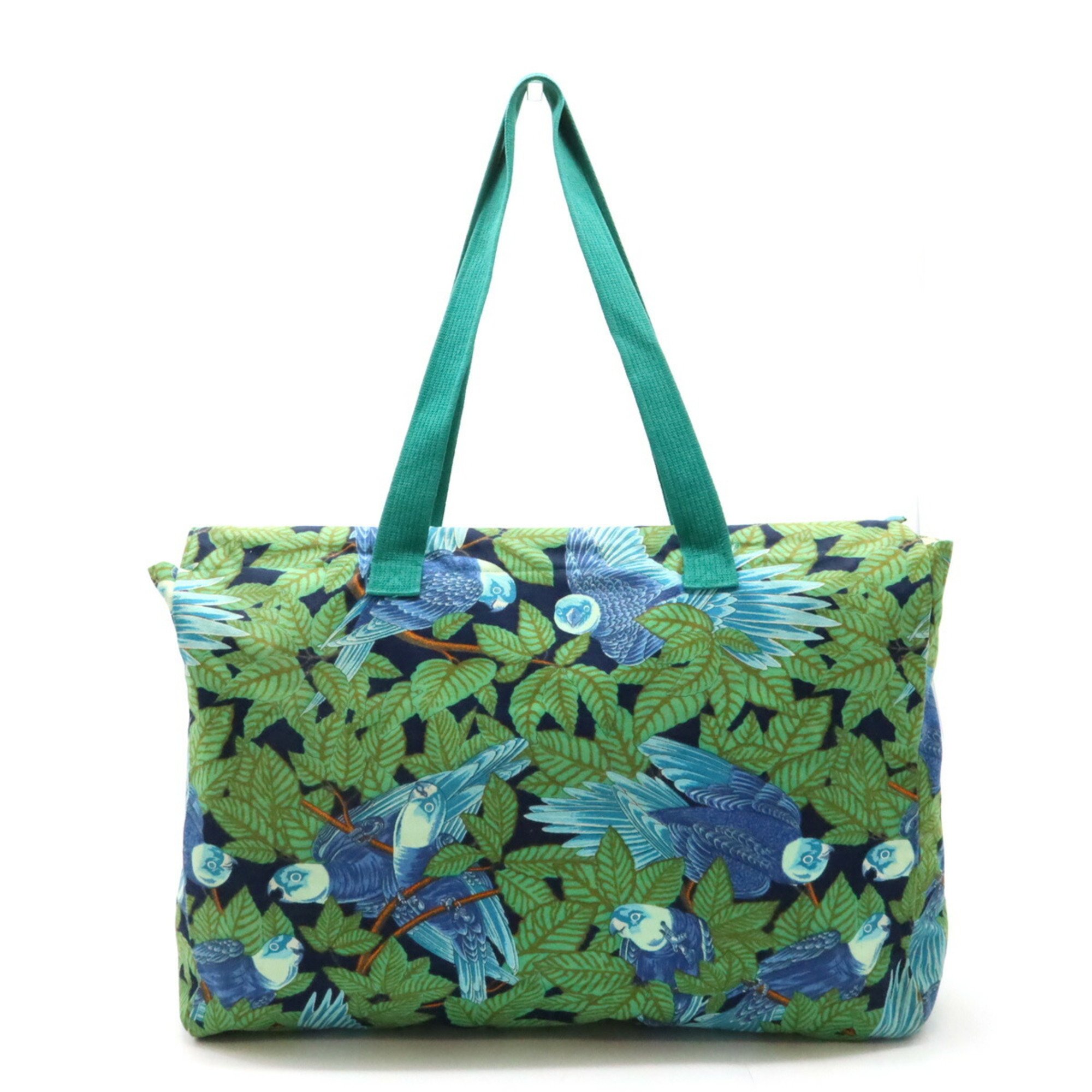 HERMES Hermes Tote Bag Large Shoulder Bird Motif Pattern Canvas Green Blue