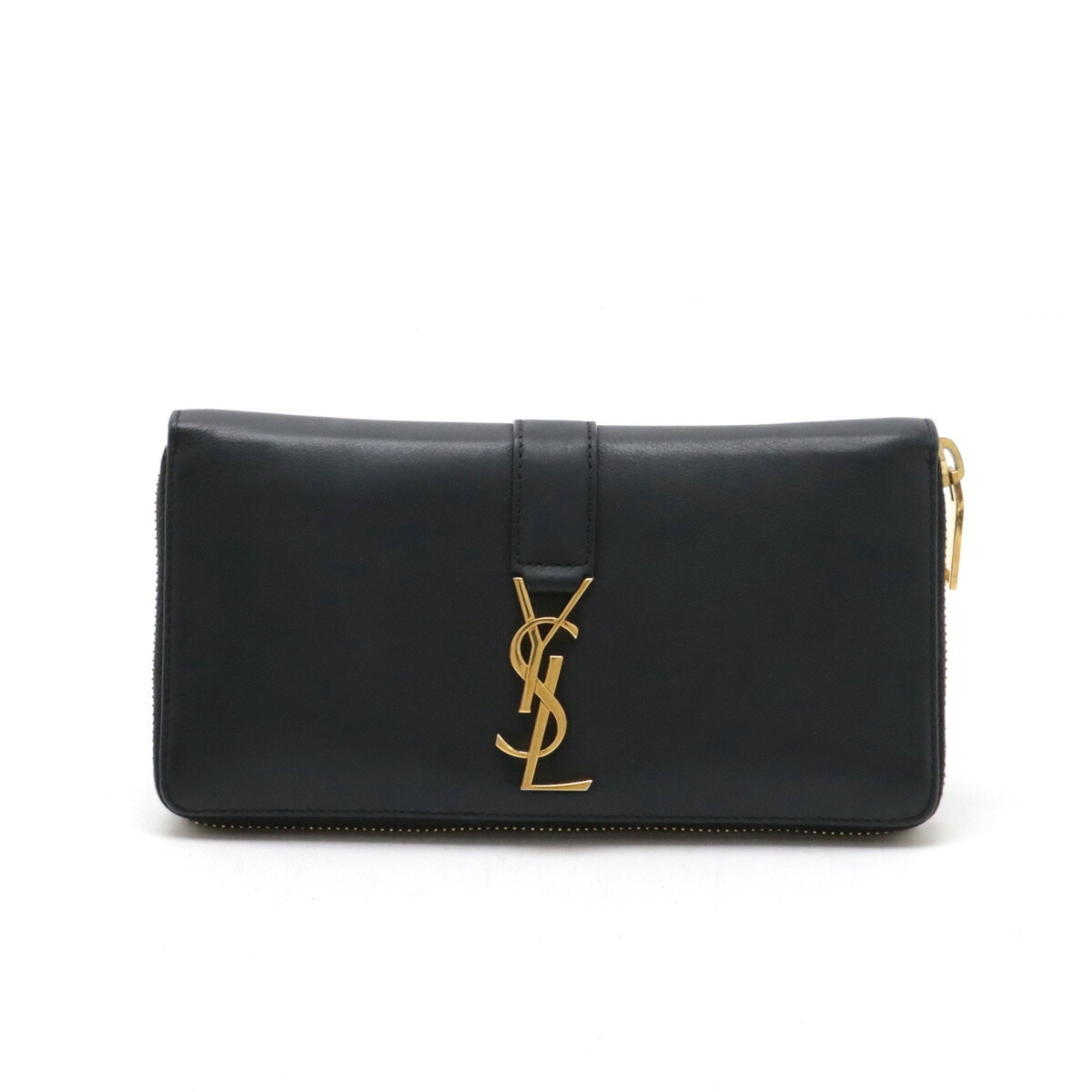 SAINT LAURENT PARIS YSL Yves Saint Laurent Monogram Round Long Wallet Leather Black 414570