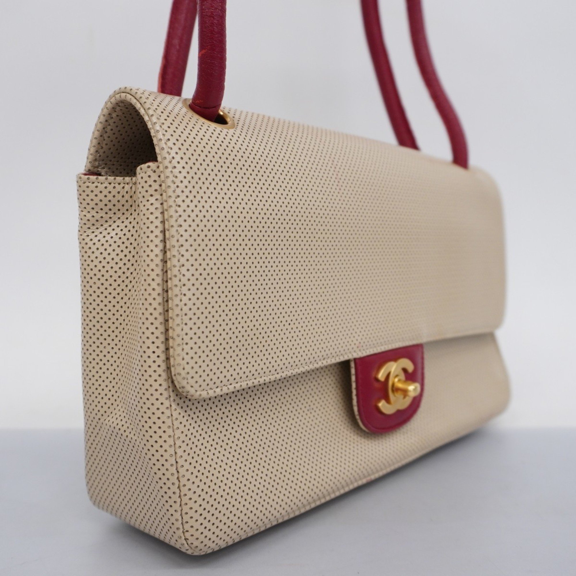 Chanel Shoulder Bag Punching Leather Beige Red Women's