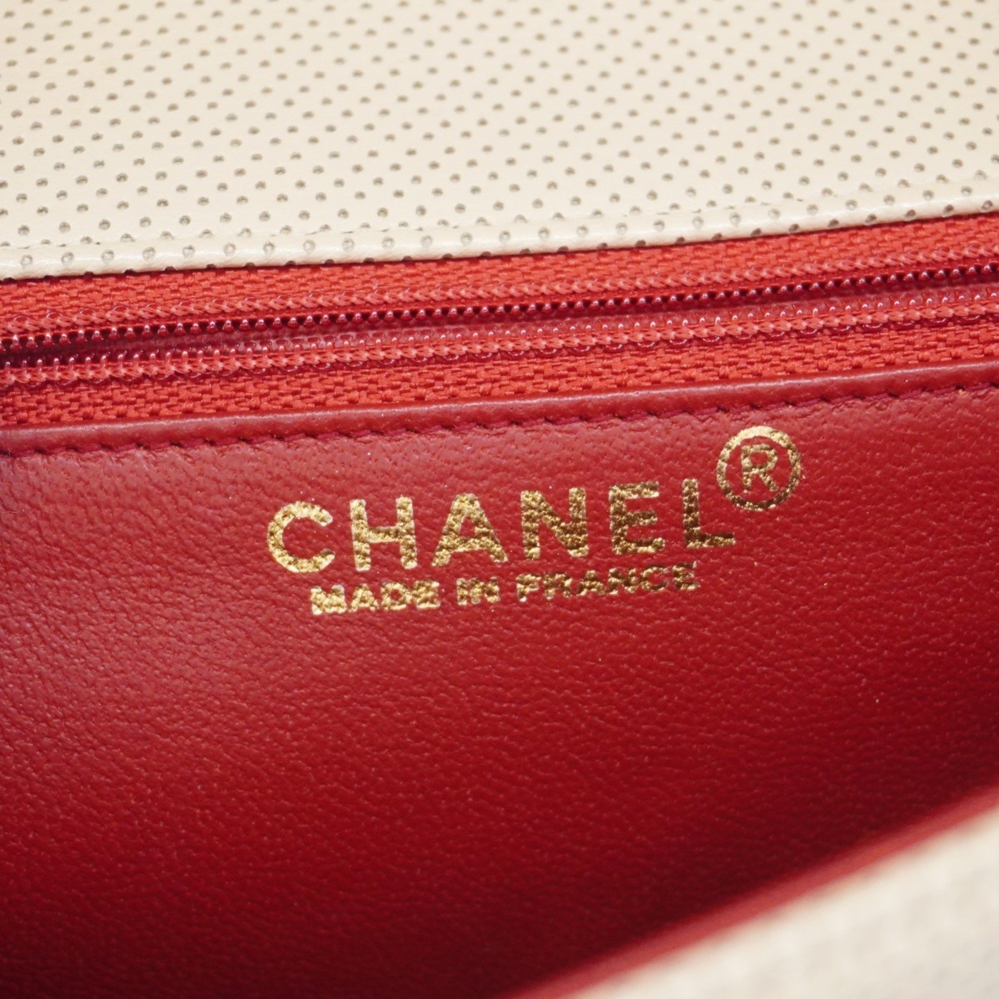 Chanel Shoulder Bag Punching Leather Beige Red Women's