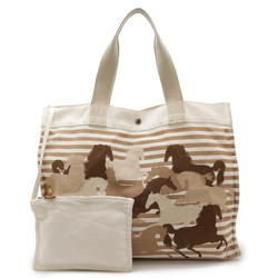 HERMES Chevaux Camouflage Tote Bag Shoulder Canvas White Brown