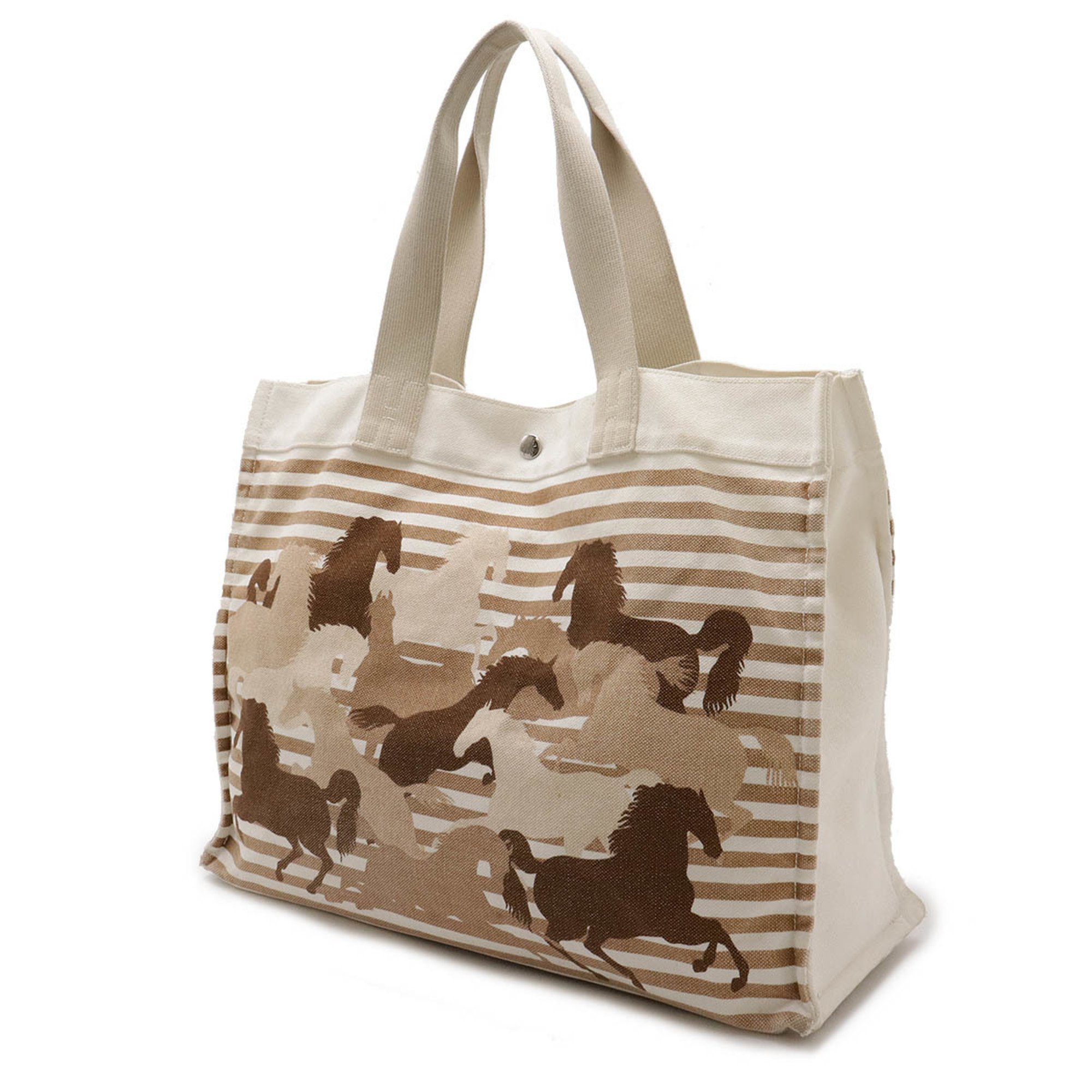 HERMES Chevaux Camouflage Tote Bag Shoulder Canvas White Brown