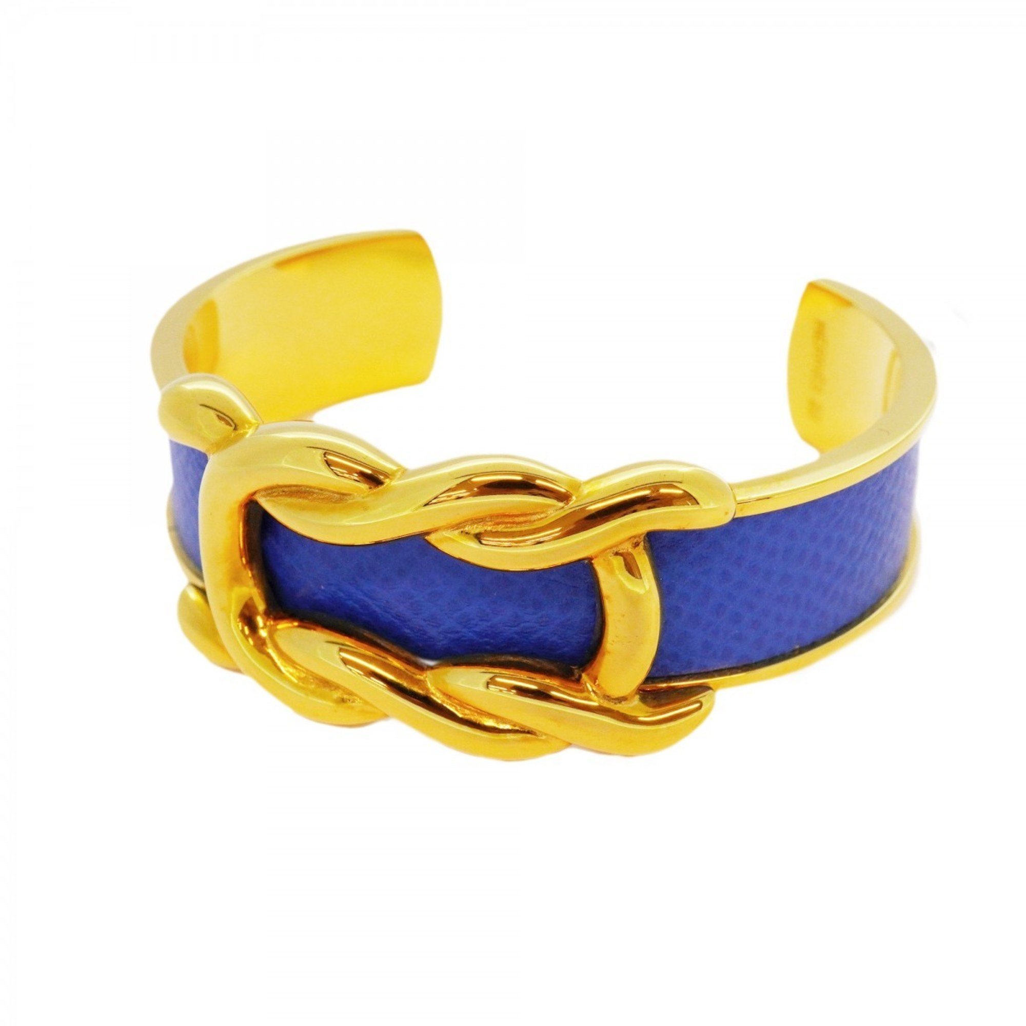 Hermes Bangle GP Plated Leather Gold Blue Ladies