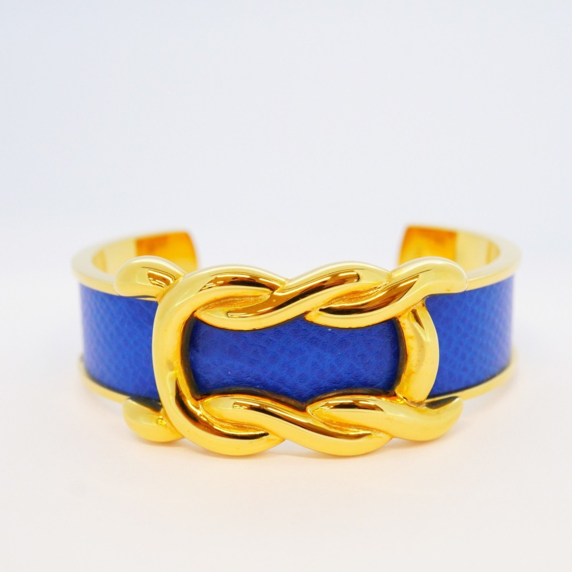 Hermes Bangle GP Plated Leather Gold Blue Ladies