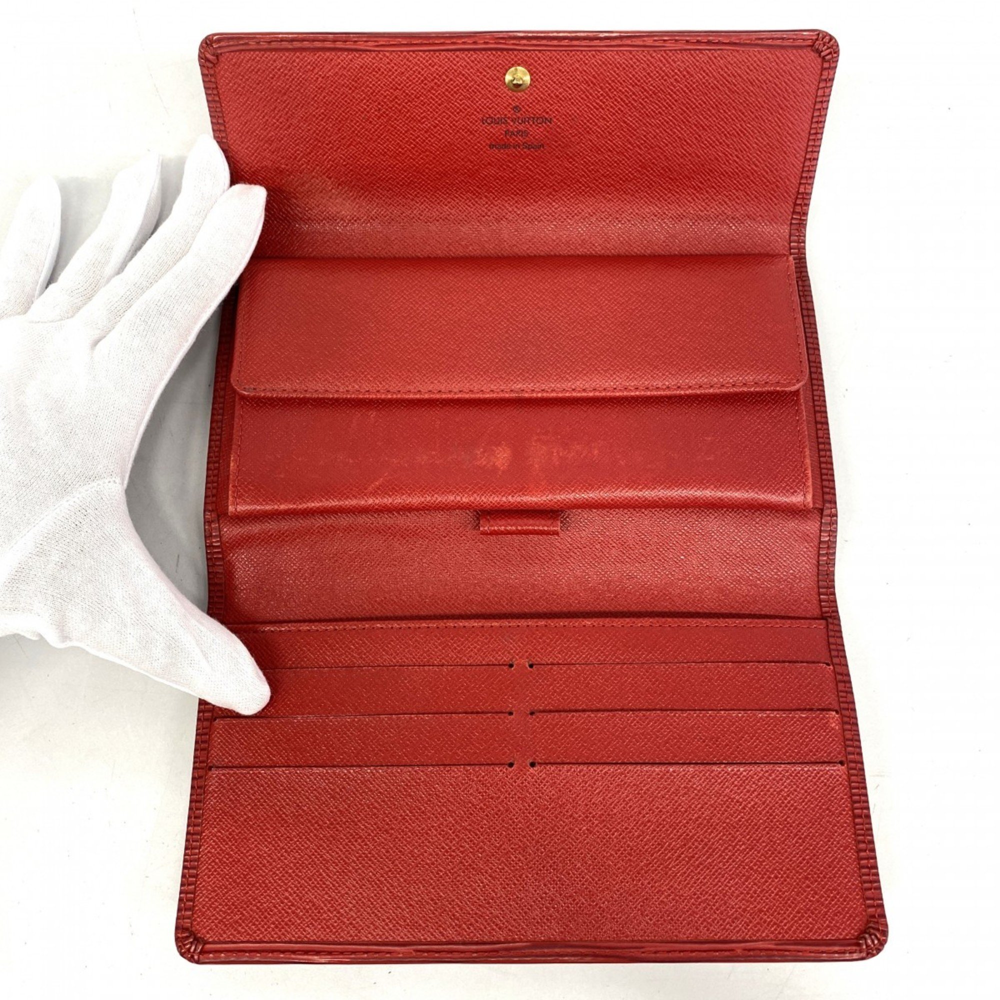 Louis Vuitton Tri-fold Long Wallet Epi Portefeuille International M63387 Castilian Red Women's