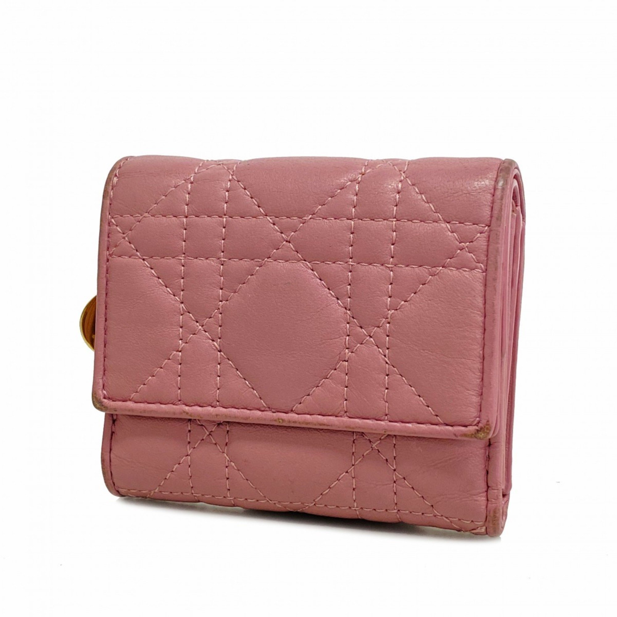 Christian Dior Tri-fold Wallet Cannage Leather Pink Women's