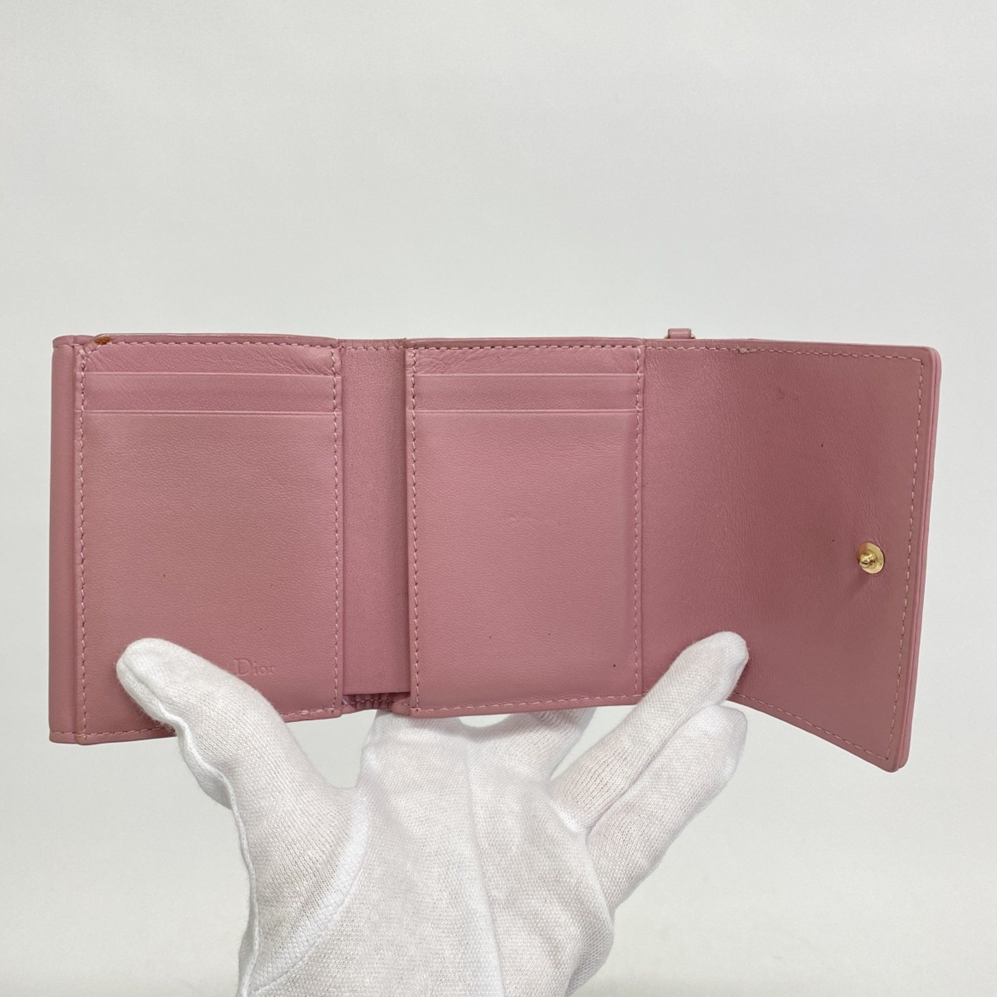 Christian Dior Tri-fold Wallet Cannage Leather Pink Women's