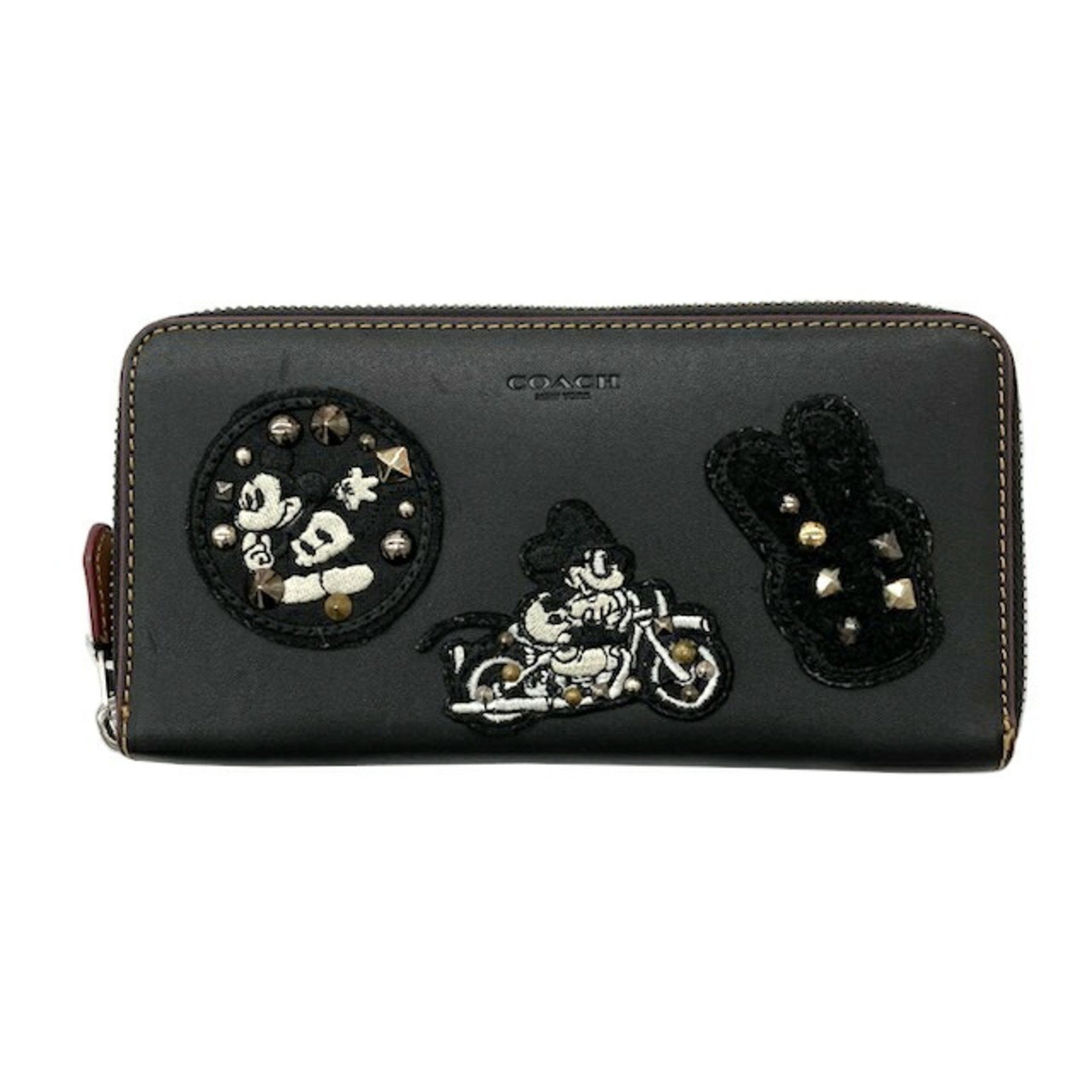 COACH Coach x Disney Collaboration Mickey Mouse Round Long Wallet Leather Black F59340 Women's