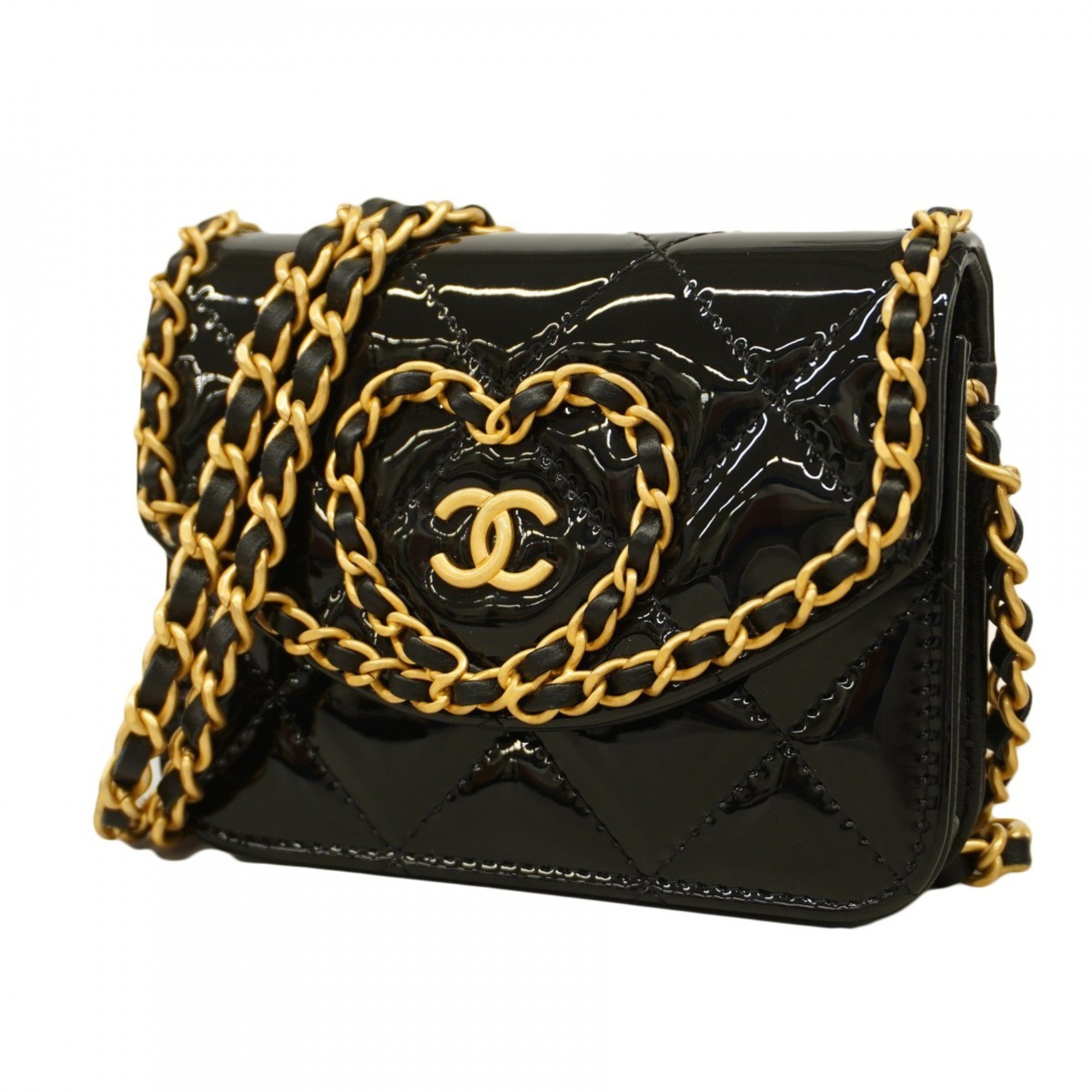 Chanel Shoulder Wallet Matelasse Patent Leather Black Women's