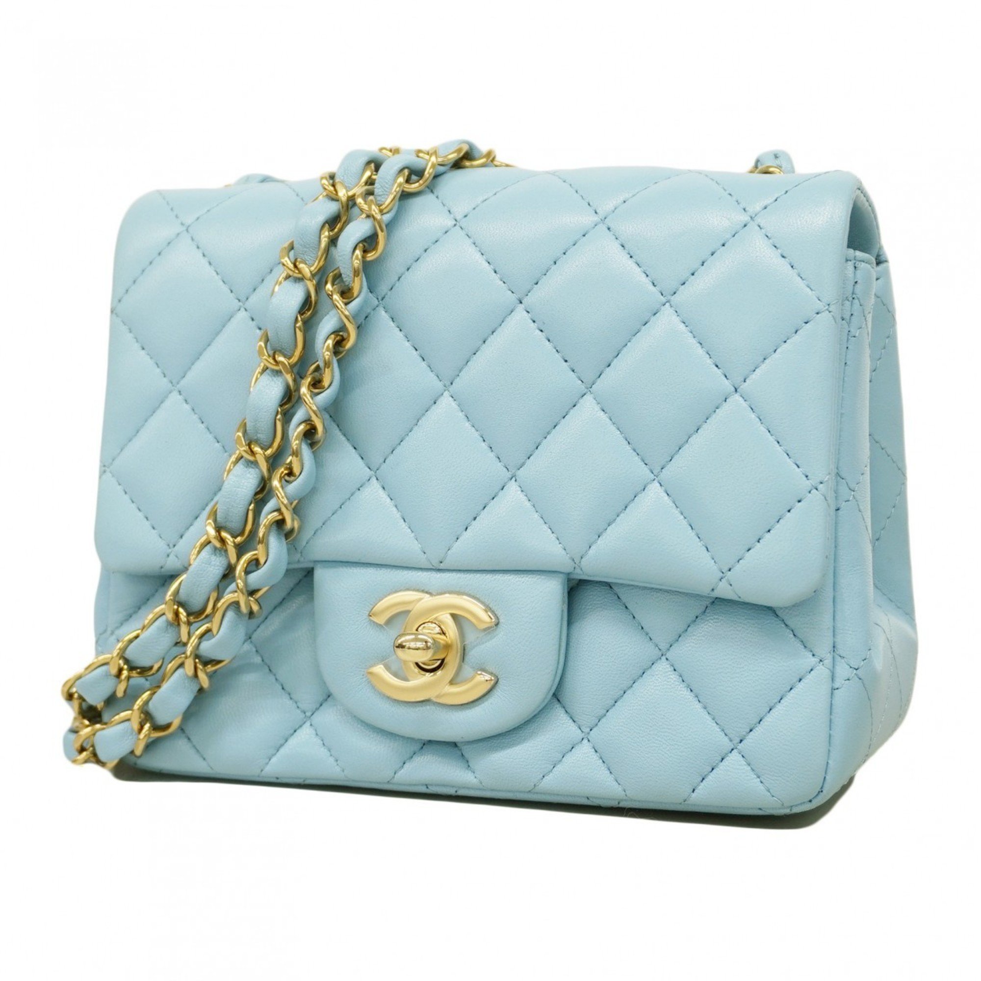 Chanel Shoulder Bag Matelasse Lambskin Sky Blue Champagne Ladies