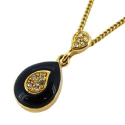 Christian Dior Necklace Drop Motif Rhinestone GP Plated Gold Black Women's