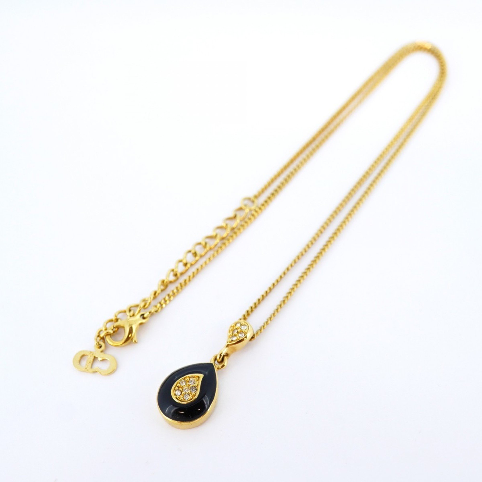 Christian Dior Necklace Drop Motif Rhinestone GP Plated Gold Black Women's