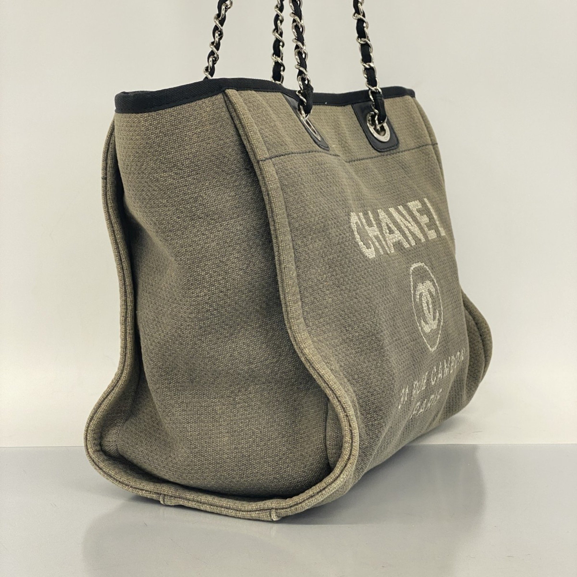 Chanel Tote Bag Deauville Canvas Grey Black Women's